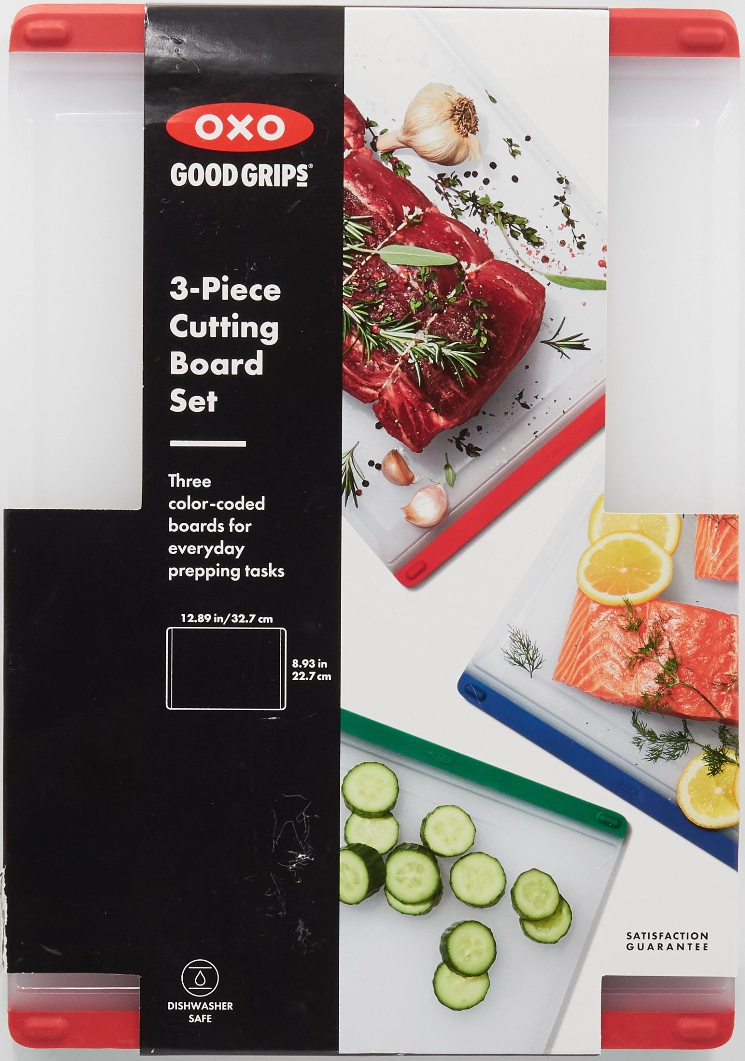 Praktisches 3er Set OXO Good Grips Schneidebretter in verschiedenen Größen, ideal für sicheres und hygienisches Schneiden von Lebensmitteln.
