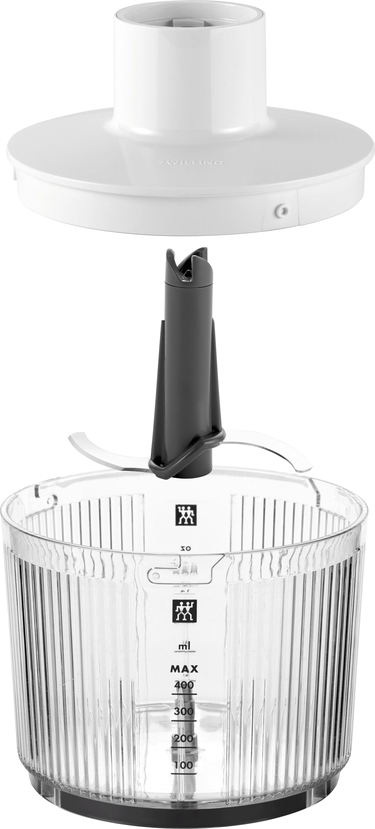 Der elegante Enfinigy Häcksler von Zwilling in Weiß, perfekt zum mühelosen Zerkleinern und Verarbeiten von Lebensmitteln in jeder Küche.