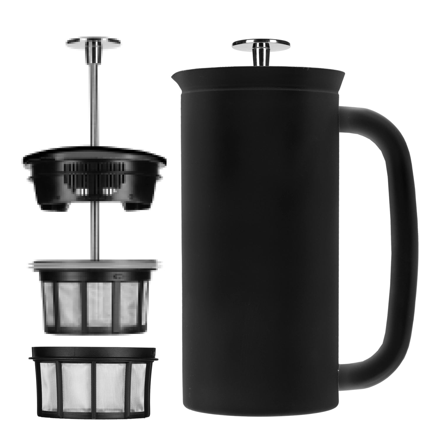 Elegante French Press P7 aus schwarzem Edelstahl mit 946 ml Fassungsvermögen, ideal für perfekten Kaffeegenuss und stilvolle Zubereitung.