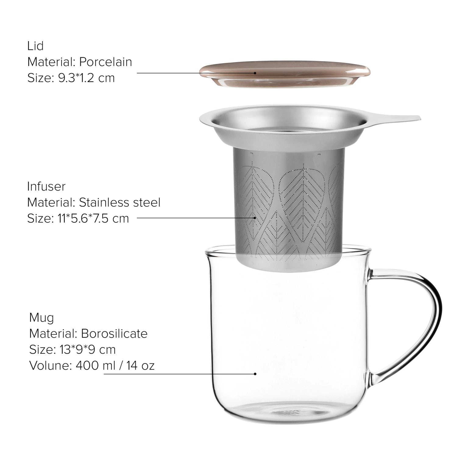 Elegante Teetasse aus braunem Borosilikatglas mit 400ml Fassungsvermögen und integriertem Infuser für perfekten Teegenuss.