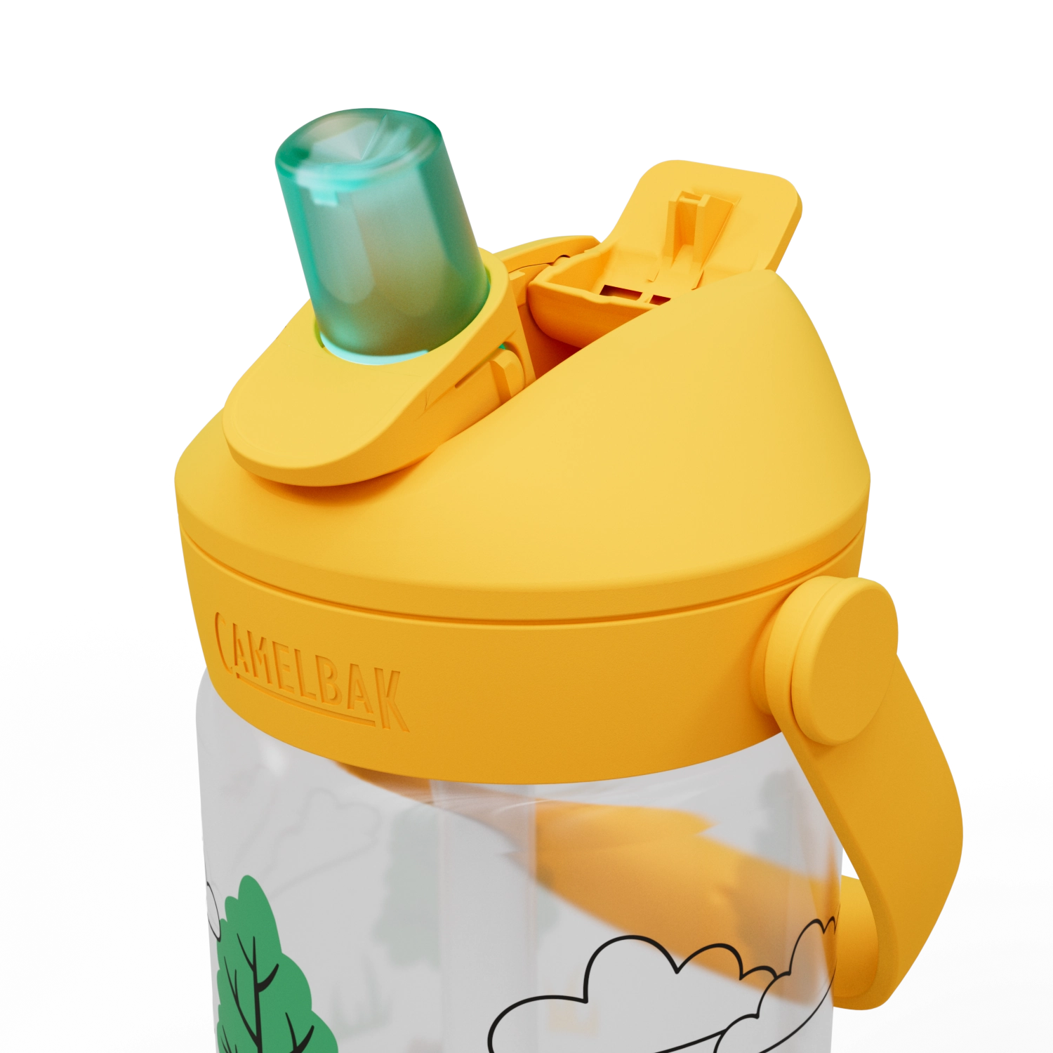 Farbenfrohe Camelbak Trinkflasche für Kinder mit lustigen Traktor- und Baum-Design, 0,4 l, perfekt für unterwegs und im Alltag.