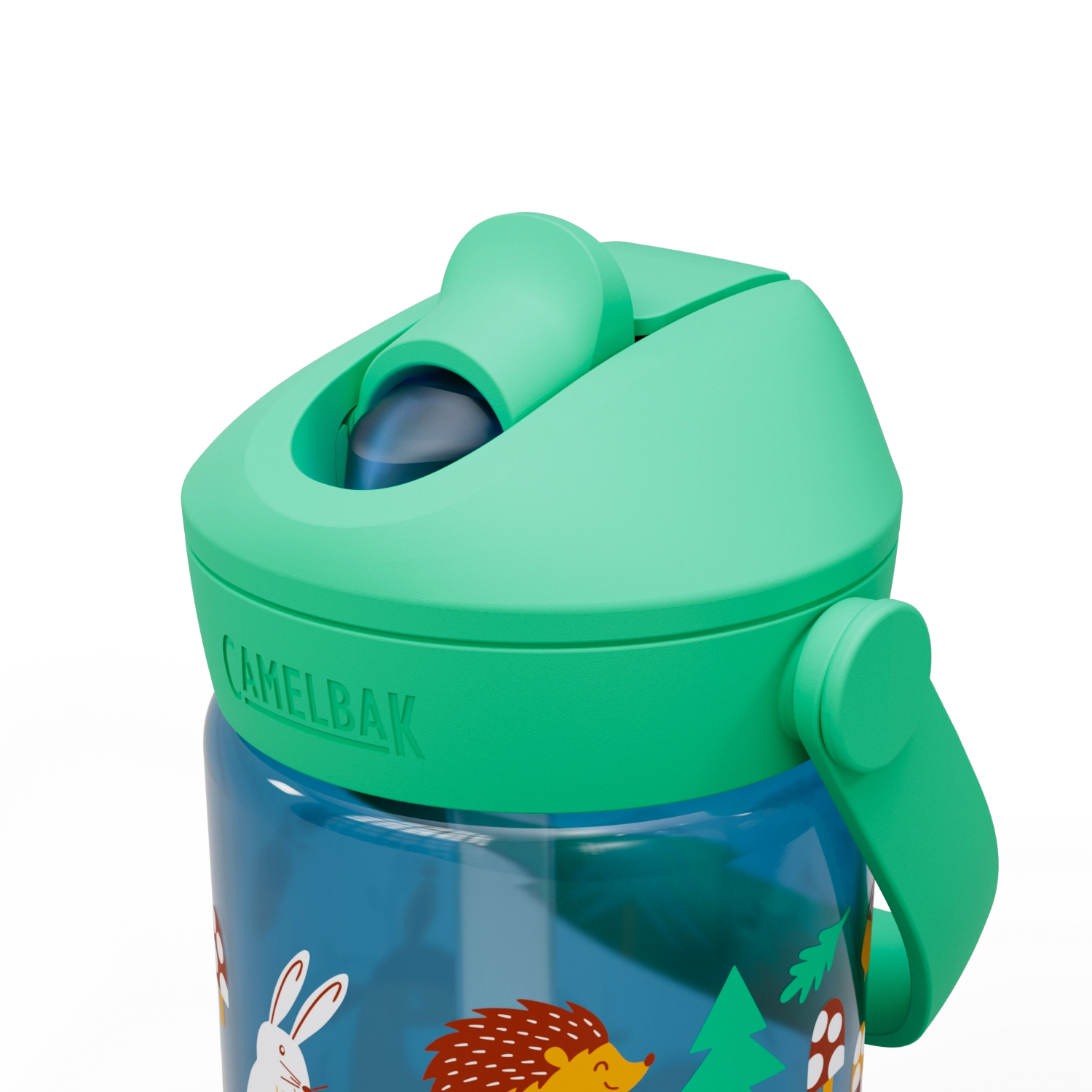 Bunte Trinkflasche für Kinder mit Flip-Strohhalm im freundlichen Walddesign, perfekt für unterwegs und umweltfreundlich.
