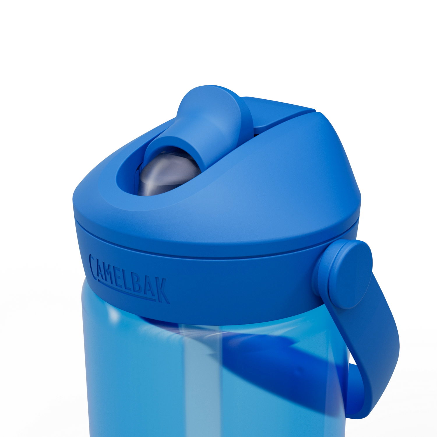 Praktische und farbenfrohe Camelbak Trinkflasche für Kinder in True Blue, 0.4l, ausgestattet mit einem Flip-Deckel für müheloses Trinken.
