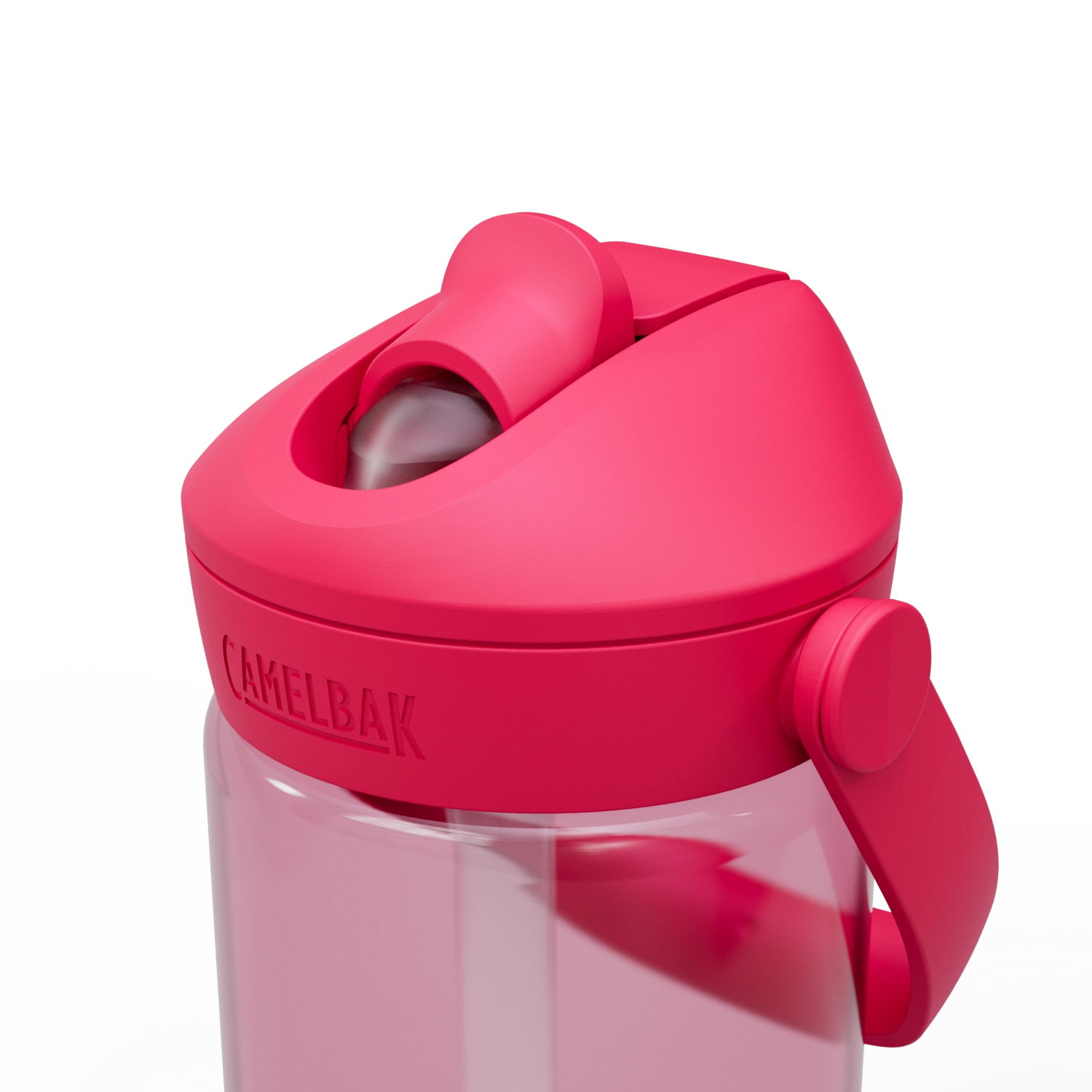 Lebendige Kindertrinkflasche von Camelbak in fröhlichem Grapefruit-Design, 0.4l, ausgestattet mit praktischem Flip-Strohhalm für unterwegs.