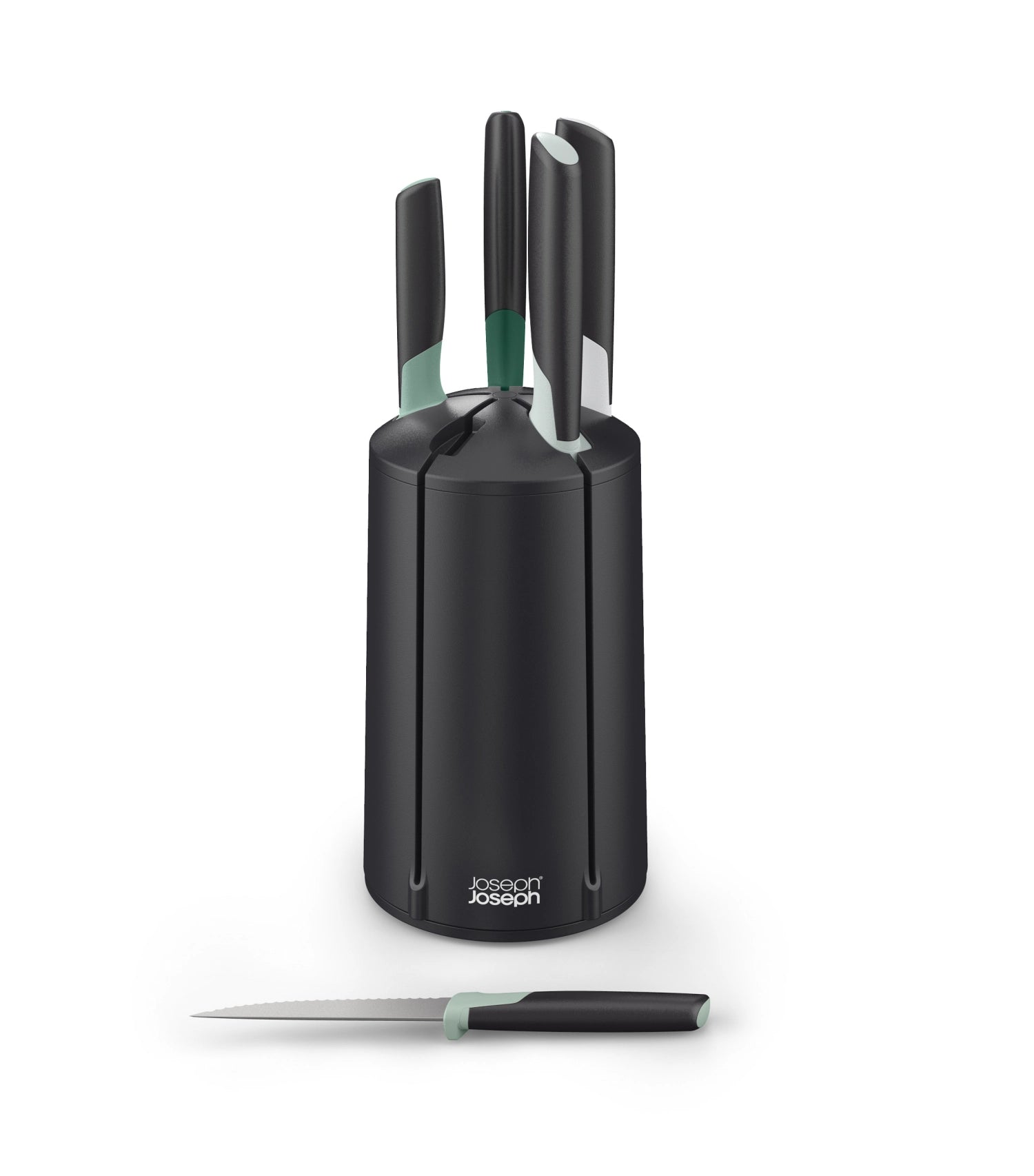 Praktisches 5-teiliges Küchenmesser-Set von Joseph Joseph, präsentiert in einem drehbaren Karussell für optimale Aufbewahrung und schnellen Zugriff.
