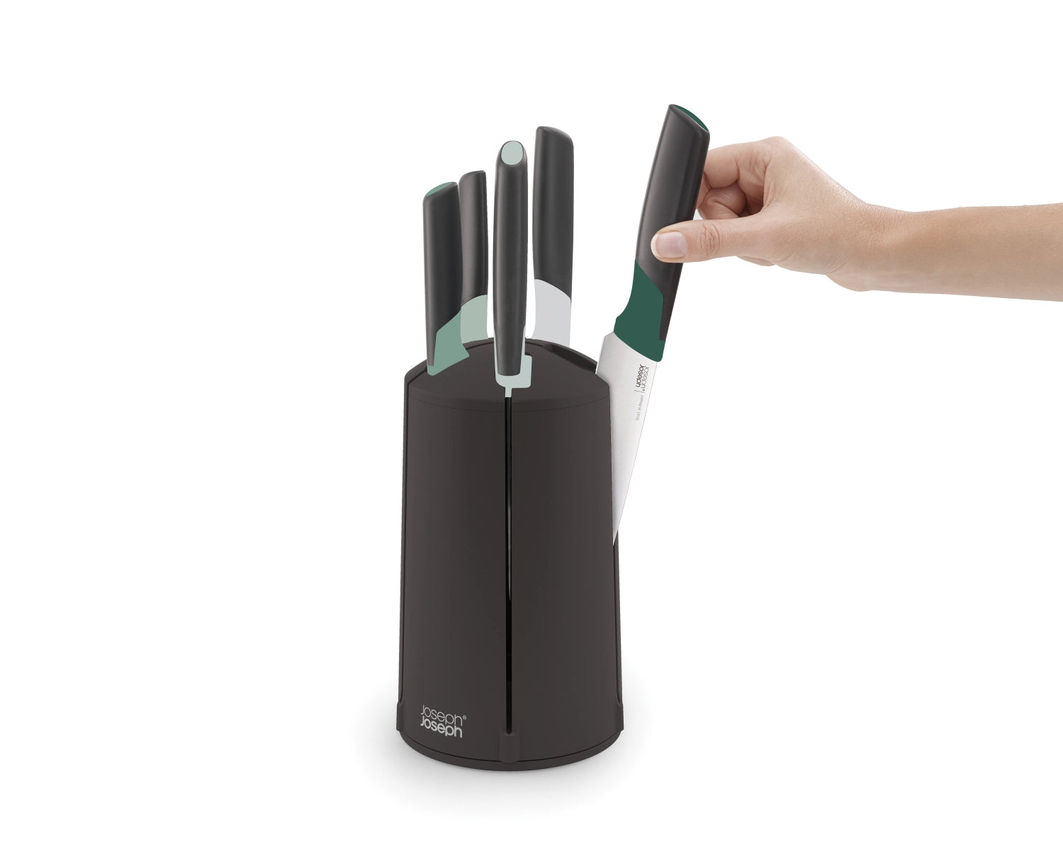 Elegantes 5-teiliges Messer-Set von Joseph Joseph, stilvoll im drehbaren Karussell für platzsparende Aufbewahrung und einfachen Zugriff.