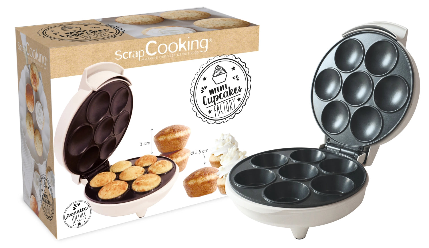 Die Mini Cupcakes Factory von Scrap Cooking in elegantem Weiß ermöglicht müheloses Backen von köstlichen Mini-Cupcakes für besondere Anlässe.