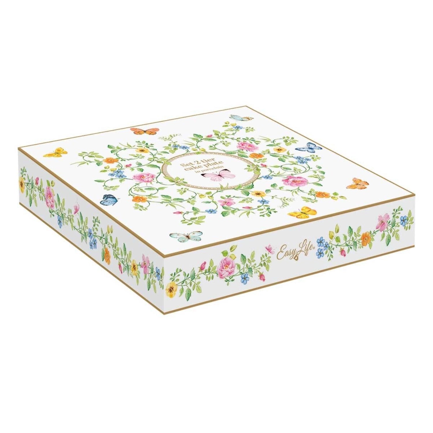 Zwei-stöckige Etagere "Dancing Butterflies" von Easy Life, perfekt für die stilvolle Präsentation von Leckereien, verziert mit bunten Schmetterlingen.