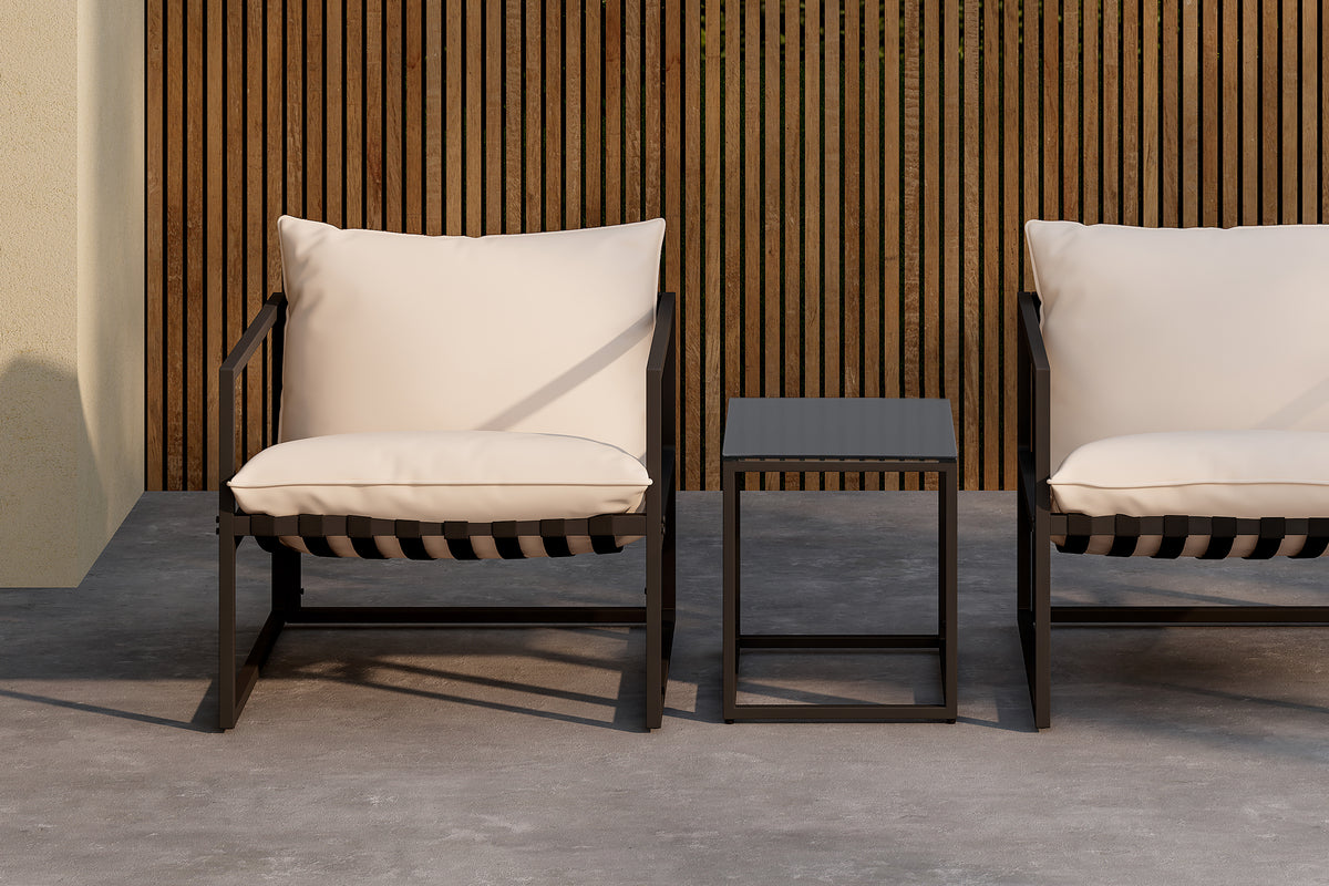 Elegantes Messina Lounge Set von Venture Home in Schwarz, bestehend aus Sofa, Sesseln und Couchtisch, ideal für stilvolle Terrassen.