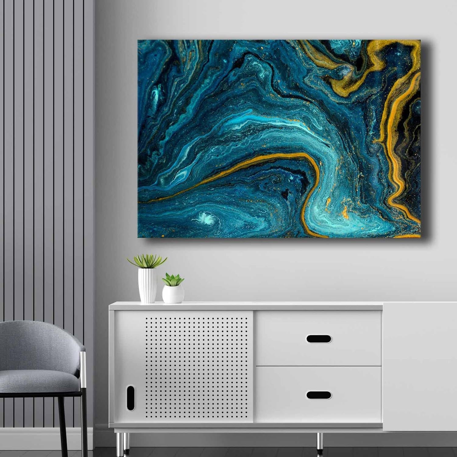 Verleihen Sie Ihrem Raum mit dem Leinwandgemälde 70100NISC von Wallity in Blau, Marineblau und Gold einen Hauch von Eleganz und Stil!