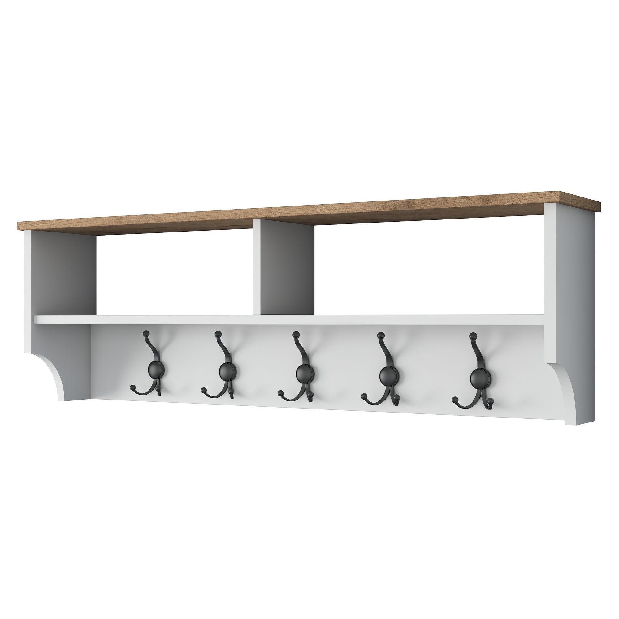 Moderne Garderobe P2 in Weiß und Walnuss von Hanah Home, ideal für einen ordentlichen Eingangsbereich mit ansprechenden Kleiderhaken.