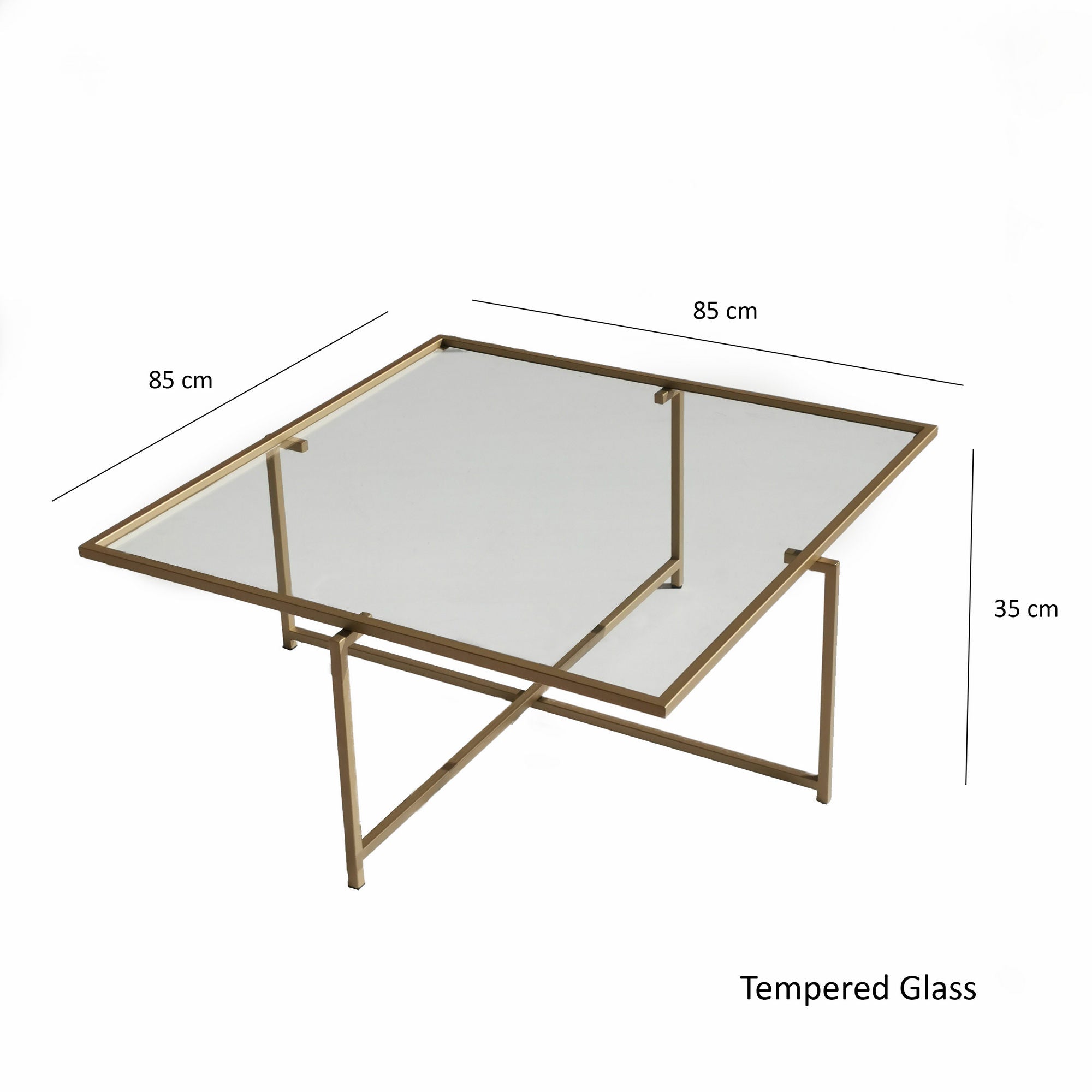 Moderner Sun S411 Couchtisch in edlem Gold von Hanah Home, perfekt für ein luxuriöses Ambiente, mit robustem Glas und eleganten Metallbeinen.