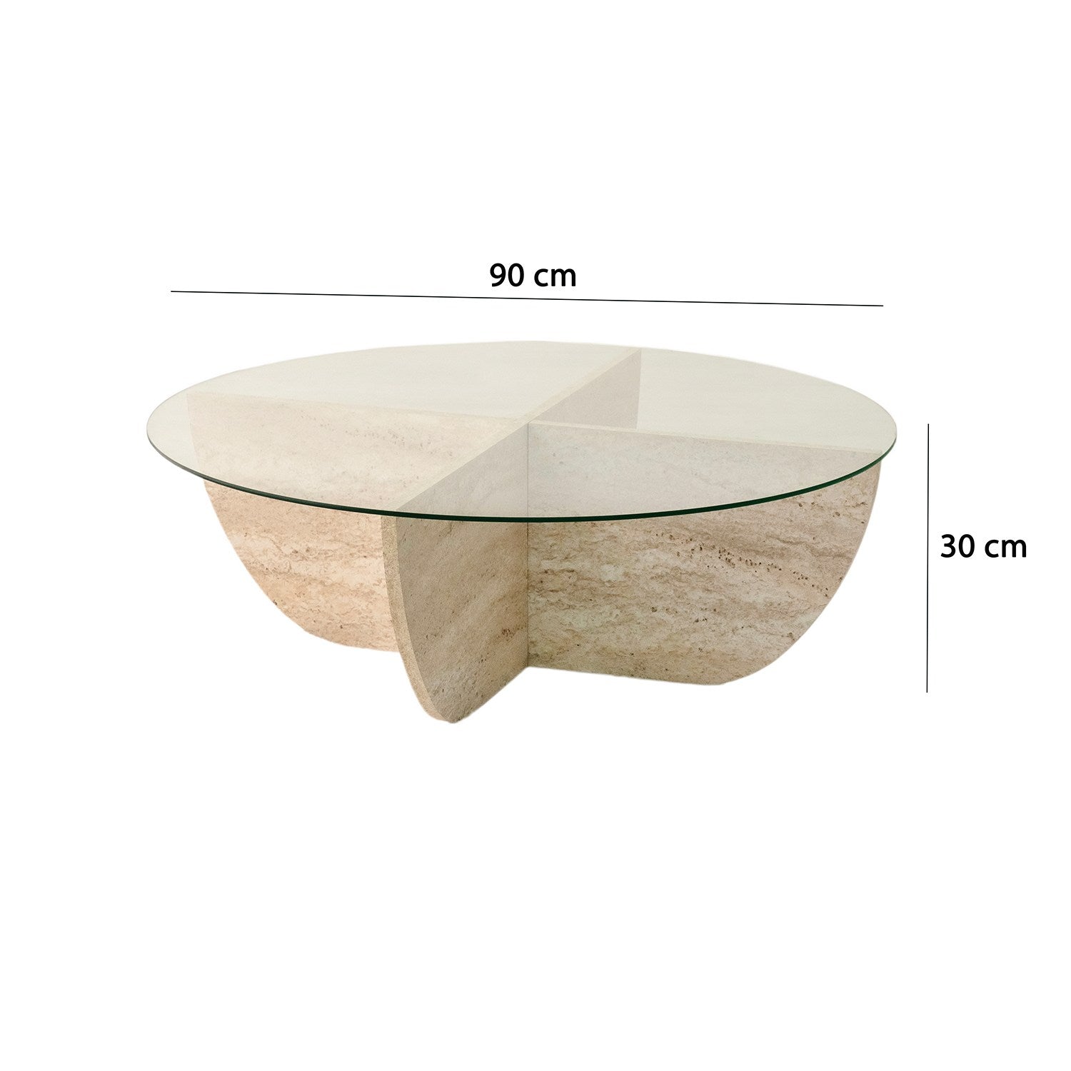 Moderner Couchtisch "Lily" von Hanah Home, aus Glas und Travertin, ideal für stilvolle Wohnräume und gemütliche Zusammenkünfte.