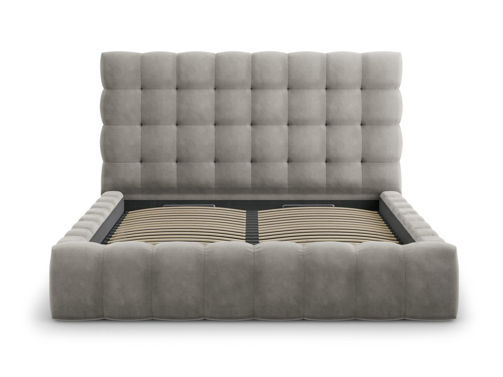 Elegantes Bali Bett mit 140 cm Breite, praktischen Stauraum und stilvollem Kopfteil in Light Grey-Bluvel, ideal für moderne Schlafzimmer.