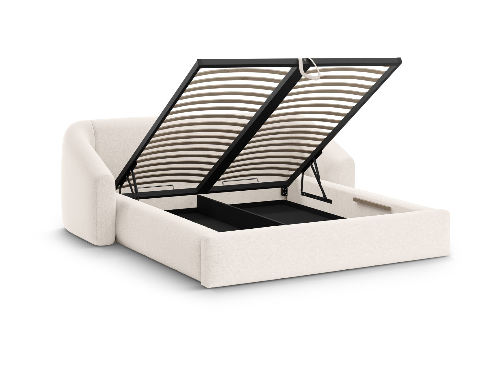 Elegantes Campi Bett mit integriertem Stauraum und geschmackvollem Kopfteil, perfekt für ein modernes und funktionales Schlafzimmer.