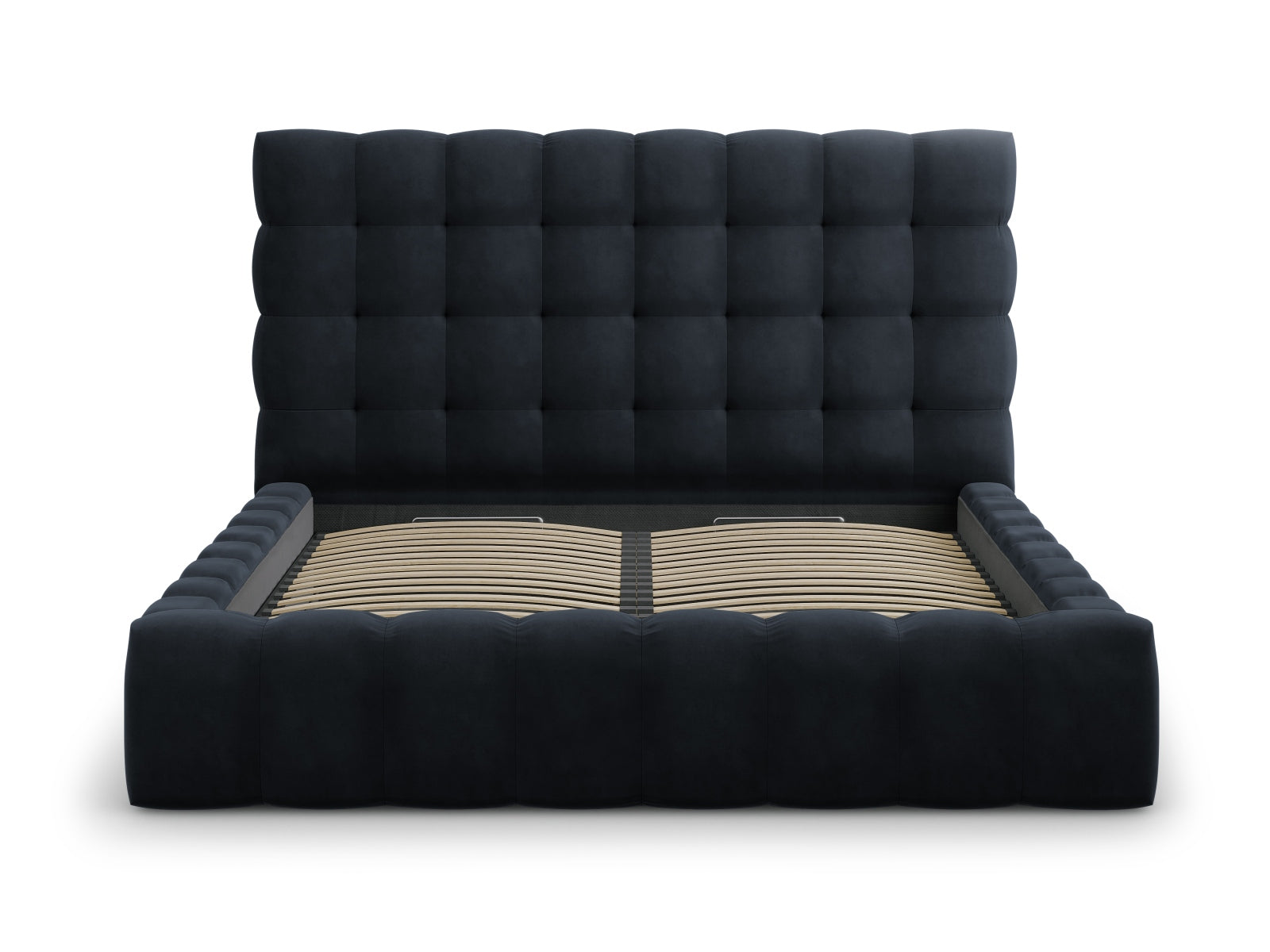 Elegantes Bali Bett mit praktischem Stauraum und stilvollem Kopfteil in Dunkelblau, ideal für moderne Schlafzimmergestaltung.