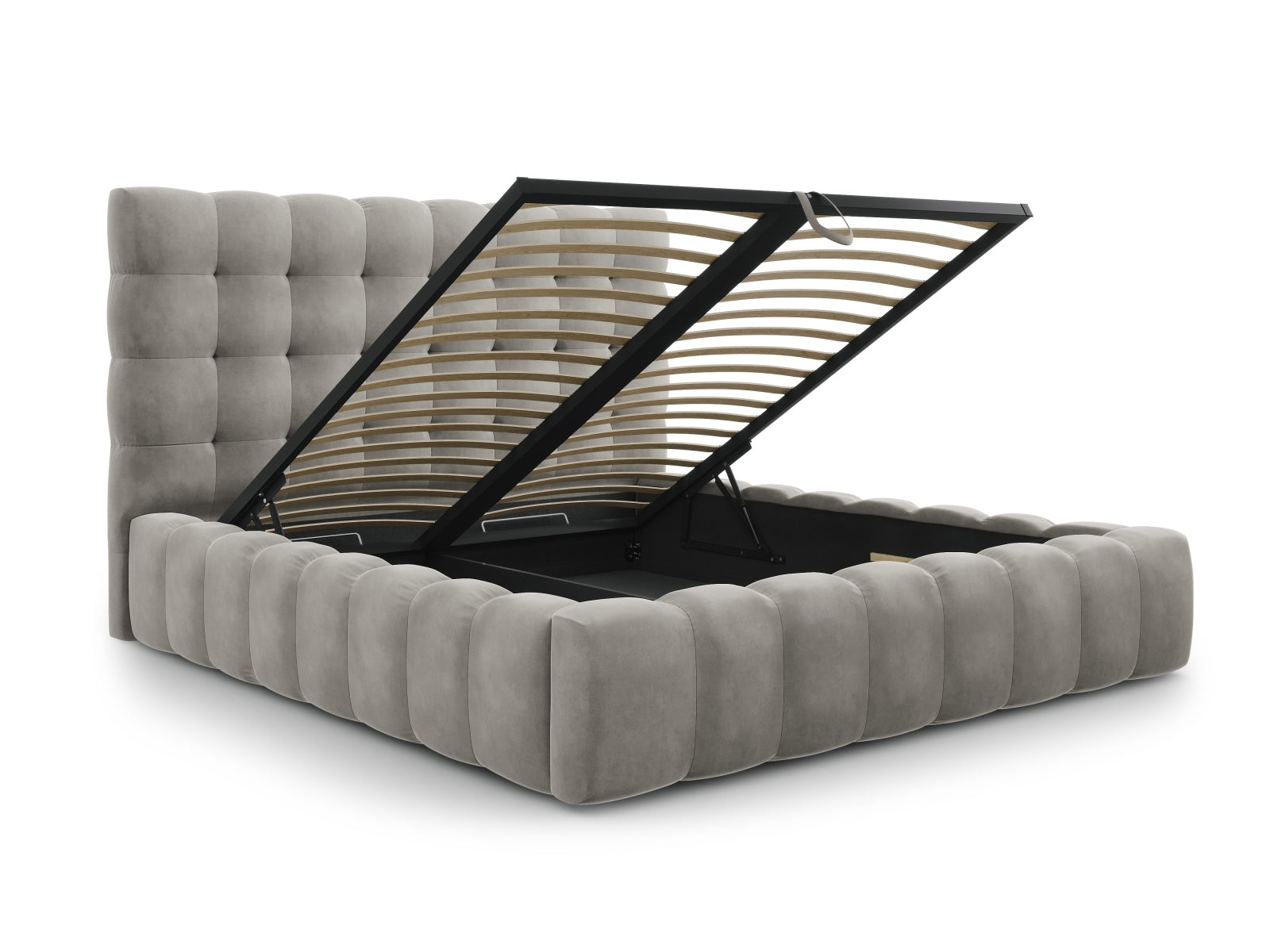 Modernes Bali Bett mit integriertem Stauraum und geschmackvollem Kopfteil in Light Grey-Bluvel, perfekt für stilvolle Schlafzimmer.