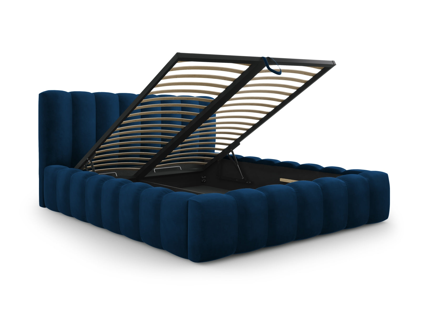 Modernes Palma Bett mit 200 cm hohem Kopfteil und integriertem Stauraum in Royal Blue-Bluvel, perfekt für ein schickes Schlafzimmer.