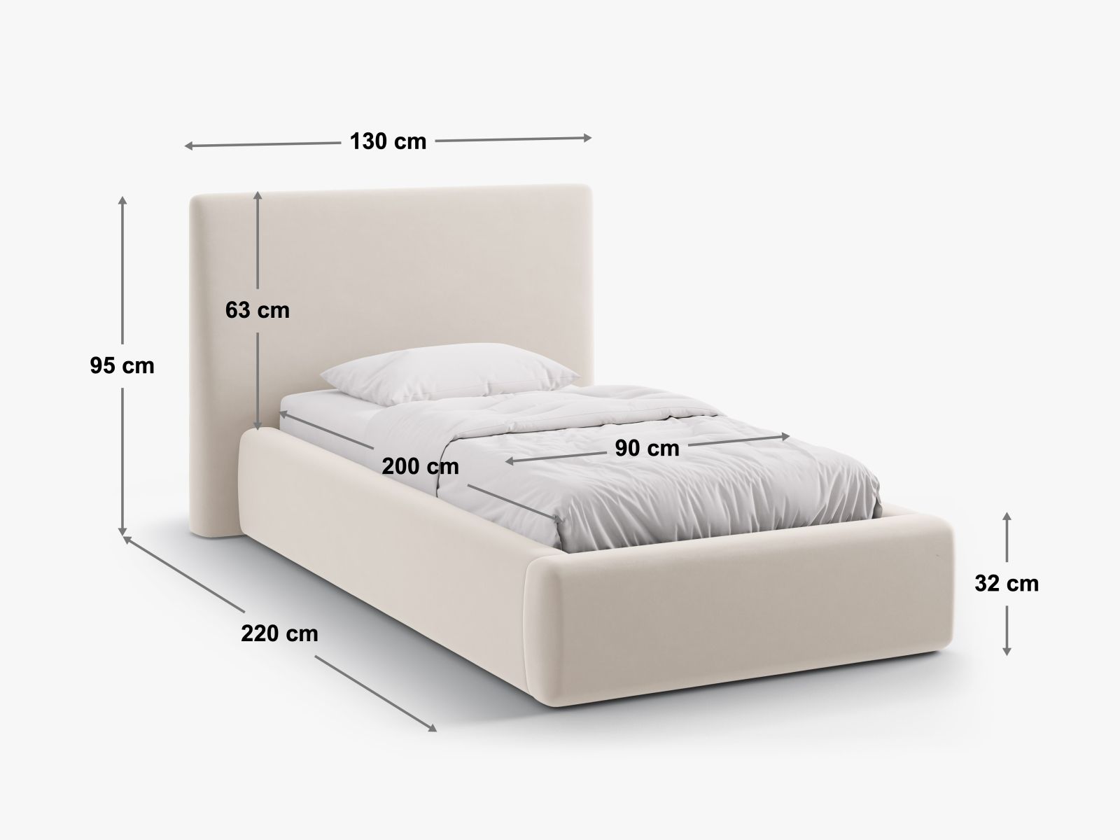 Modernes Asti Bett mit 90 cm Kopfteil und integriertem Stauraum, bezogen mit luxuriösem Black-Magic Velvet für ein stilvolles Ambiente.
