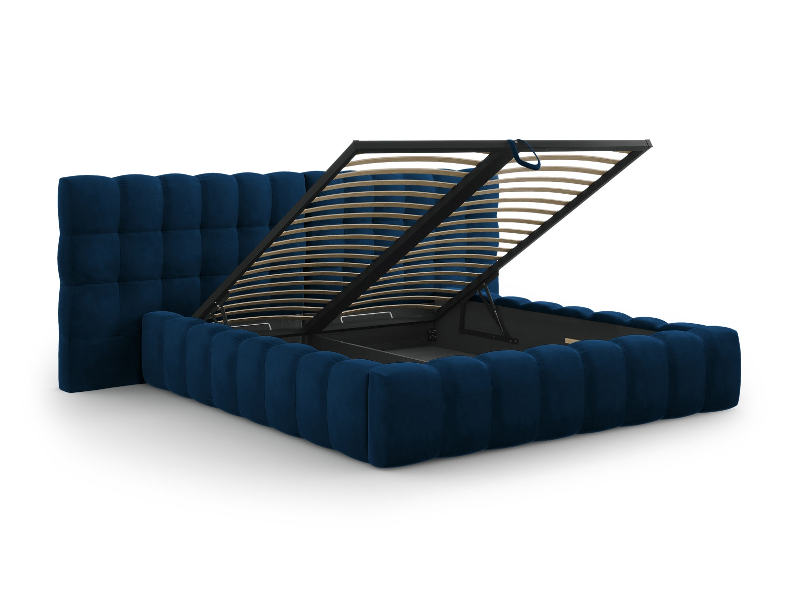 Modernes Bali Bett in Royal Blue, ausgestattet mit einem doppelten Kopfteil und cleverem Stauraum, perfekt für funktionale und stilvolle Schlafzimmer.