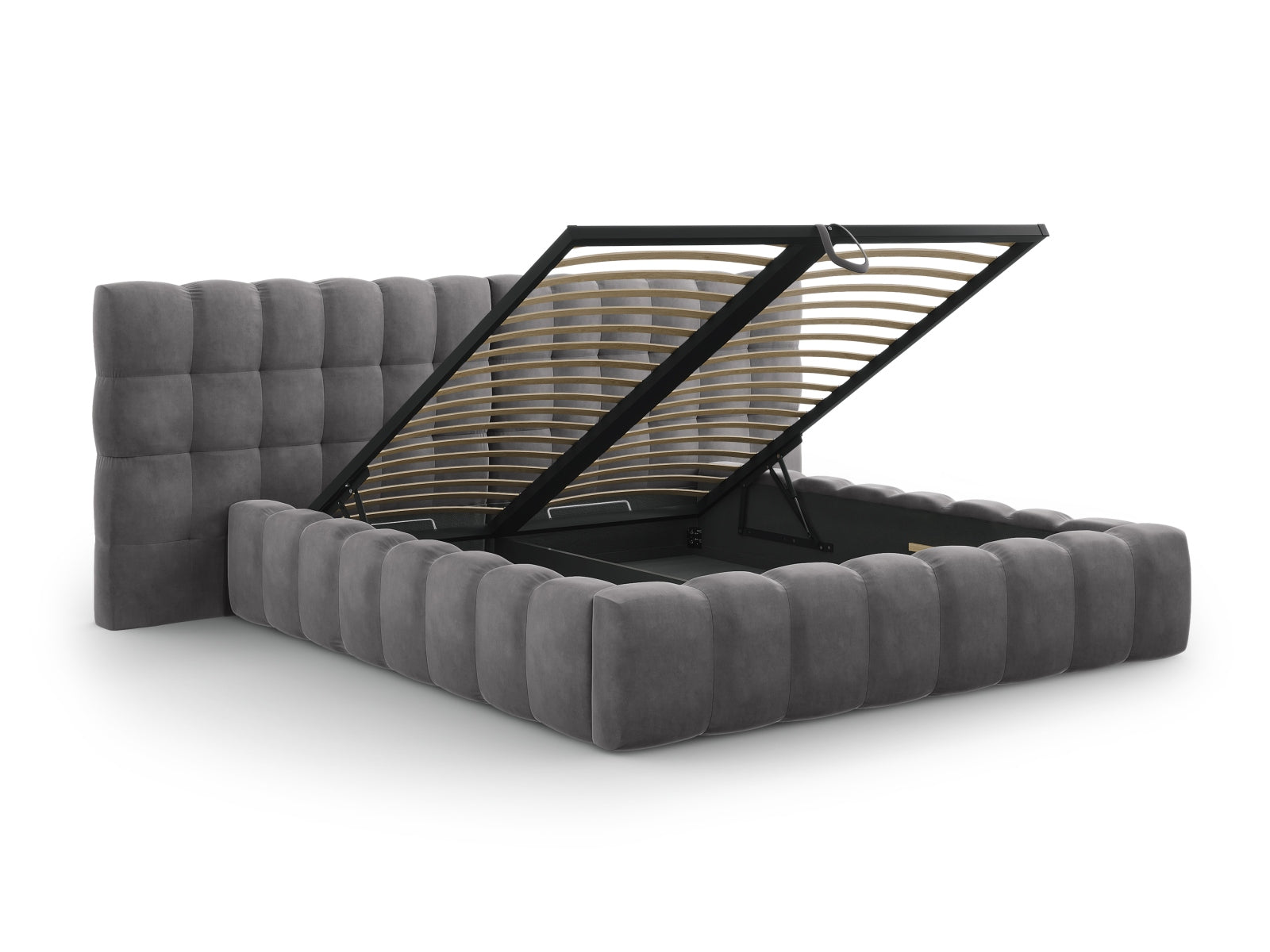 Stylisches Bali Bett mit doppeltem Kopfteil und integriertem Stauraum in Grey-Bluvel, perfekt für zeitgemäße Schlafzimmergestaltung.