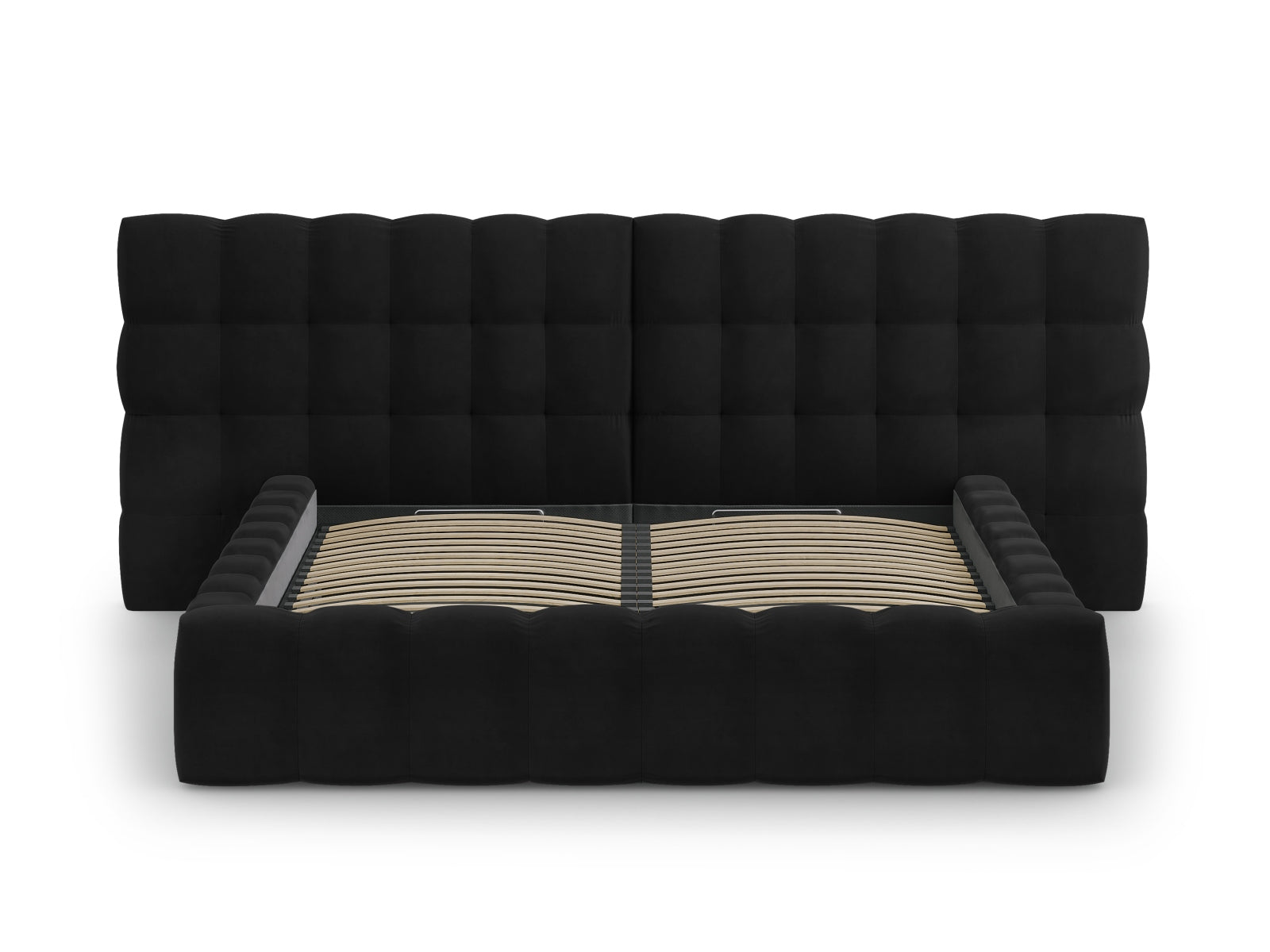 Elegantes Bali Bett mit doppeltem Kopfteil und praktischem Stauraum in Black-Bluvel, ideal für ein modernes Schlafzimmerdesign.