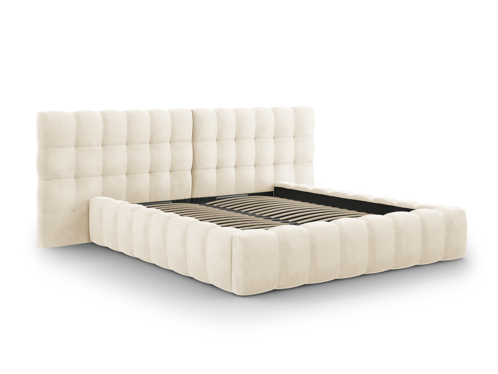 Elegantes Bali Bett mit praktischem Stauraum und doppeltem Kopfteil in sanftem Light Beige-Bluvel, ideal für stilvolle Schlafzimmer.