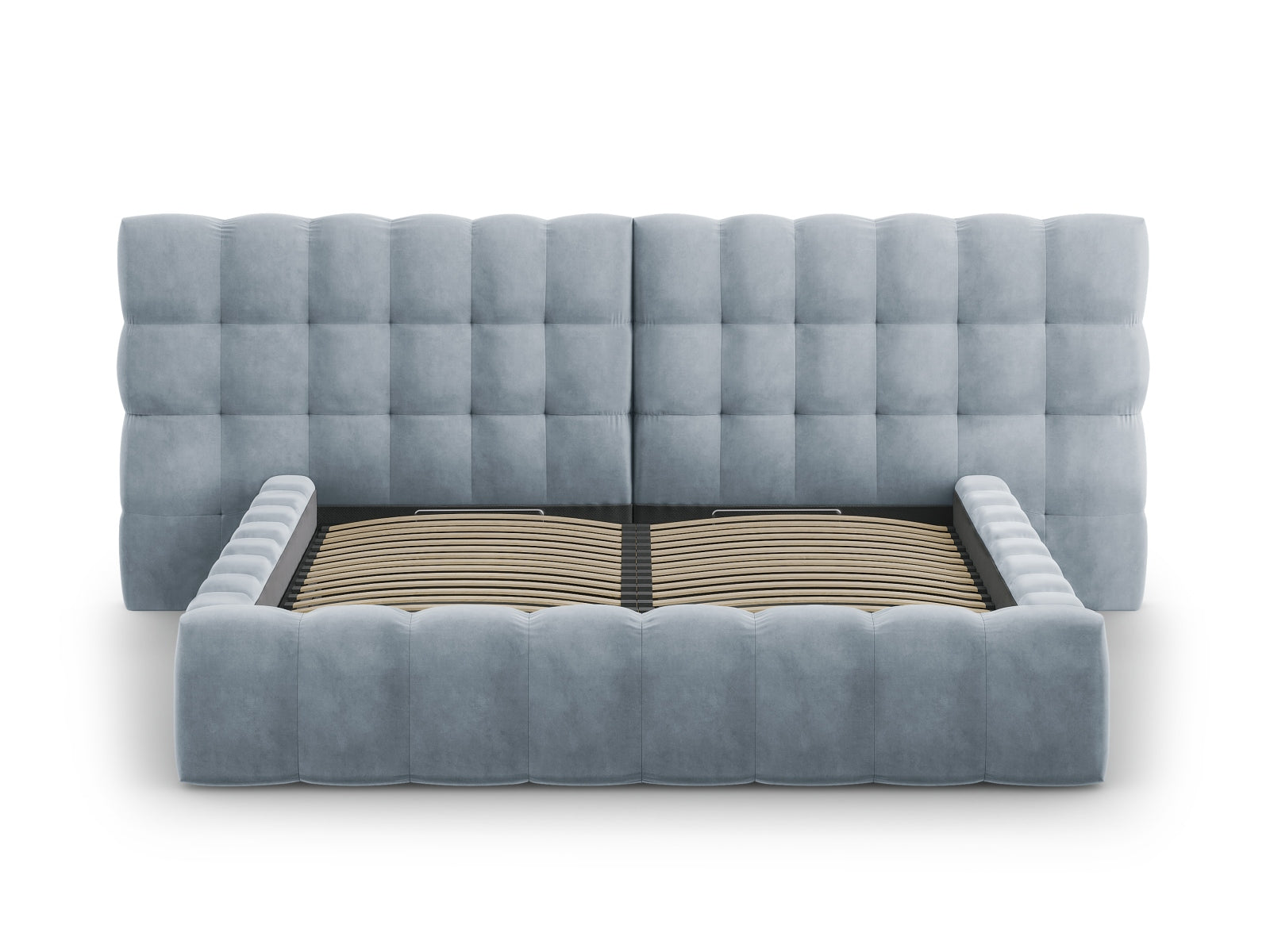 Elegantes Bali Bett mit doppeltem Kopfteil und praktischem Stauraum in sanftem Hellblau, ideal für stilvolle Schlafzimmergestaltung.