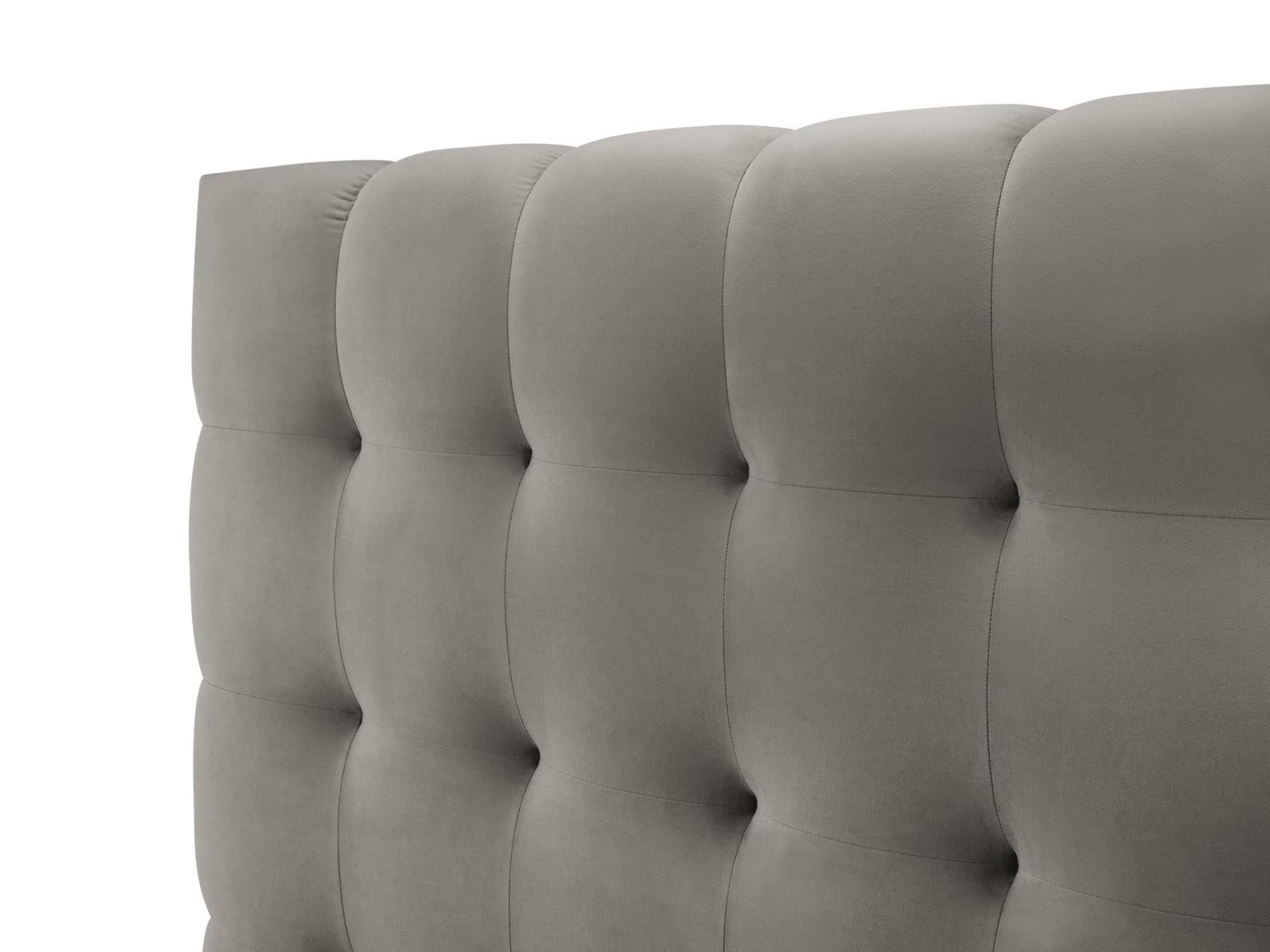 Elegantes Bali Bett mit doppeltem Kopfteil und praktischem Stauraum in sanftem Light Grey-Bluvel, ideal für stilvolle Schlafzimmer.