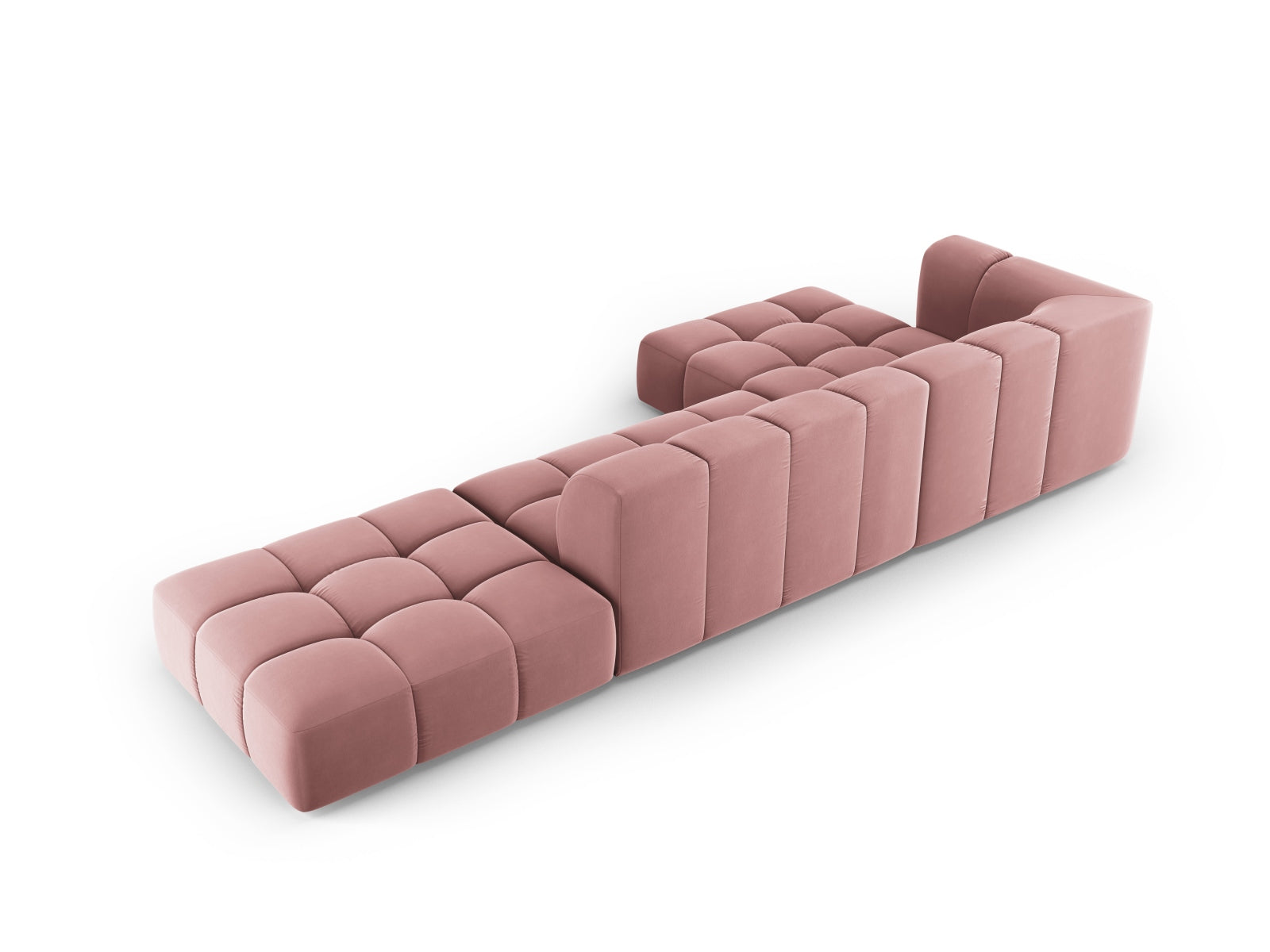 Modernes 5-Sitzer Ecksofa Moritz in auffälligem Pink-Bluvel, ideal für gemütliche Abende und ein trendiges Wohnambiente.