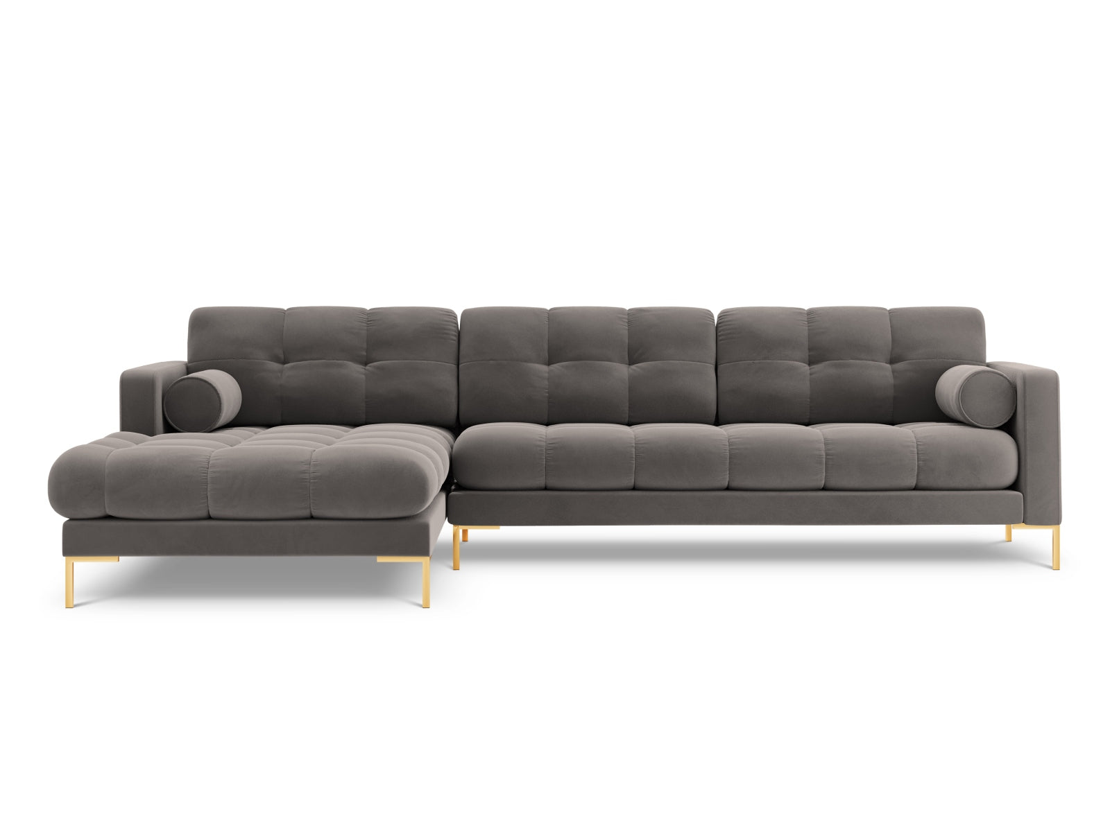 Modernes 5-Sitzer Ecksofa links Bali in sanftem Light Grey-Bluvel, ideal für gemütliche und stilvolle Wohnräume von Cosmopolitan Design.