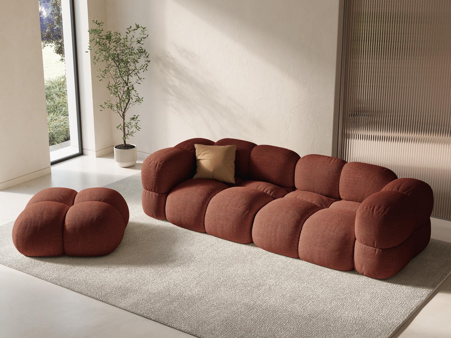 Eleganter Loretto Pouf in Coral-Sorella, 90 cm, ideal für stilvolle Akzente in jedem Raum. Perfekt für gemütliche Sitzgelegenheiten.