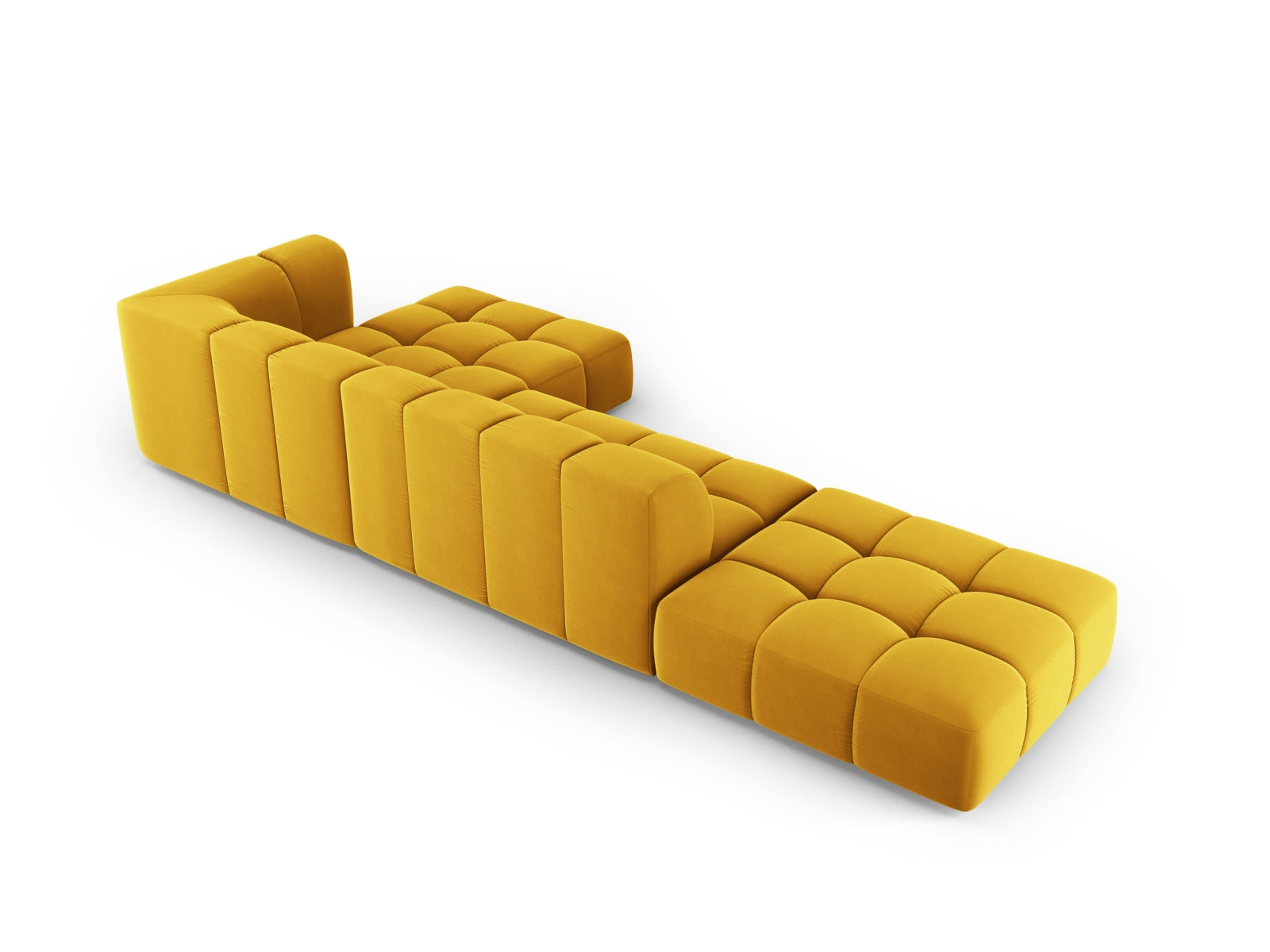 Modulares 5-Sitzer Ecksofa Moritz in modernem Gelb-Bluvel, ideal für gemütliche Stunden und stilvolle Einrichtung, erhältlich bei Cosmopolitan Design.