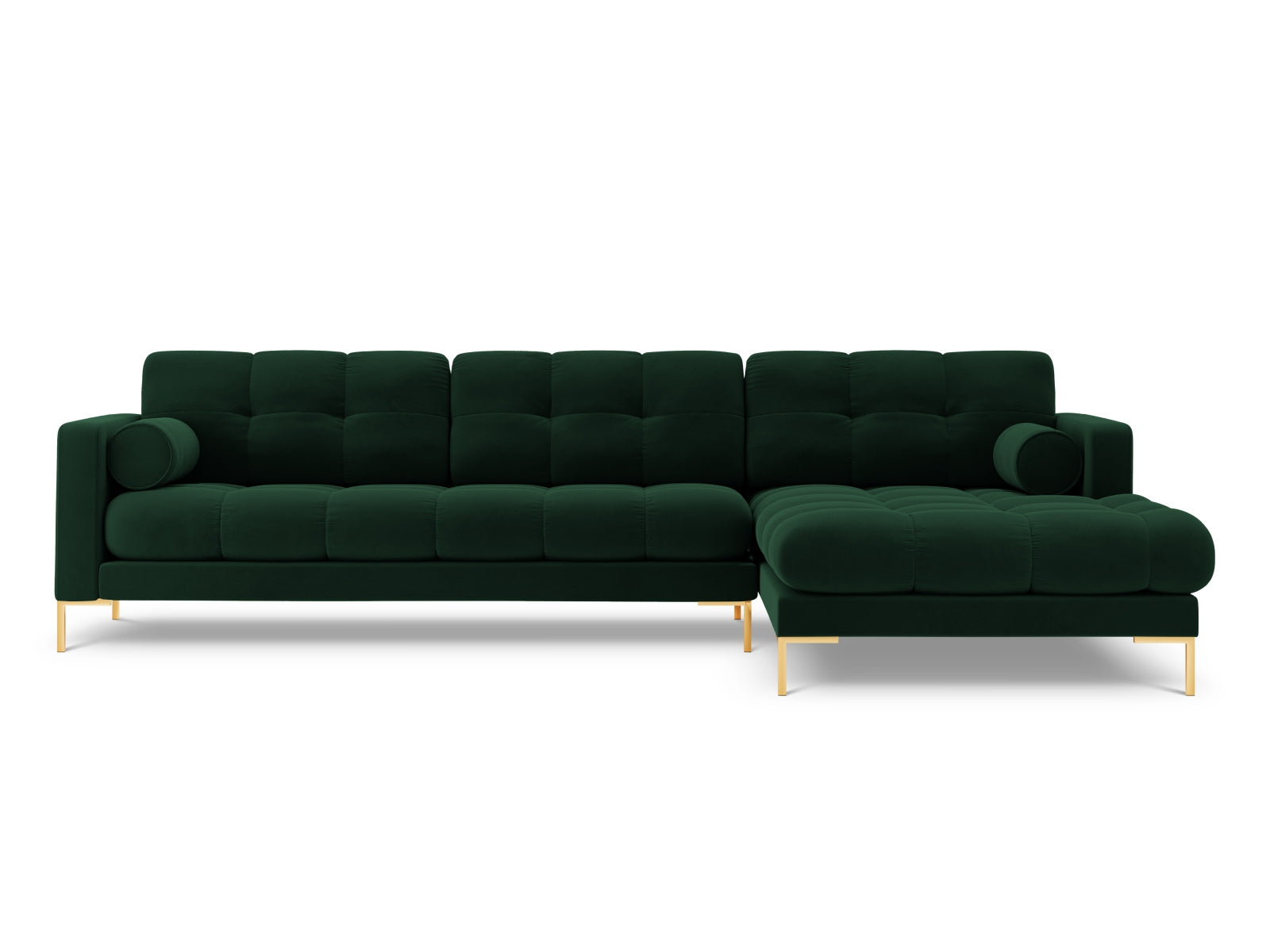 Elegantes 5-Sitzer Ecksofa rechts Bali in luxuriösem Bottle Green-Bluvel, ideal für moderne und gemütliche Wohnräume.
