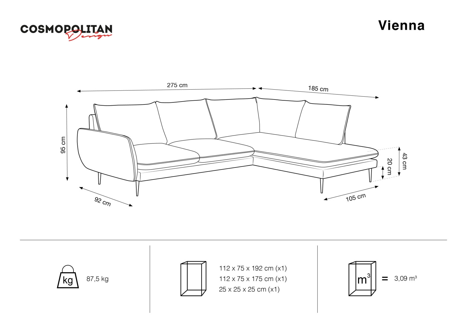 Elegantes 6-Sitzer Ecksofa Vienna aus weichem Velours, rechtsseitig, perfekt für stilvolle und einladende Wohnbereiche.
