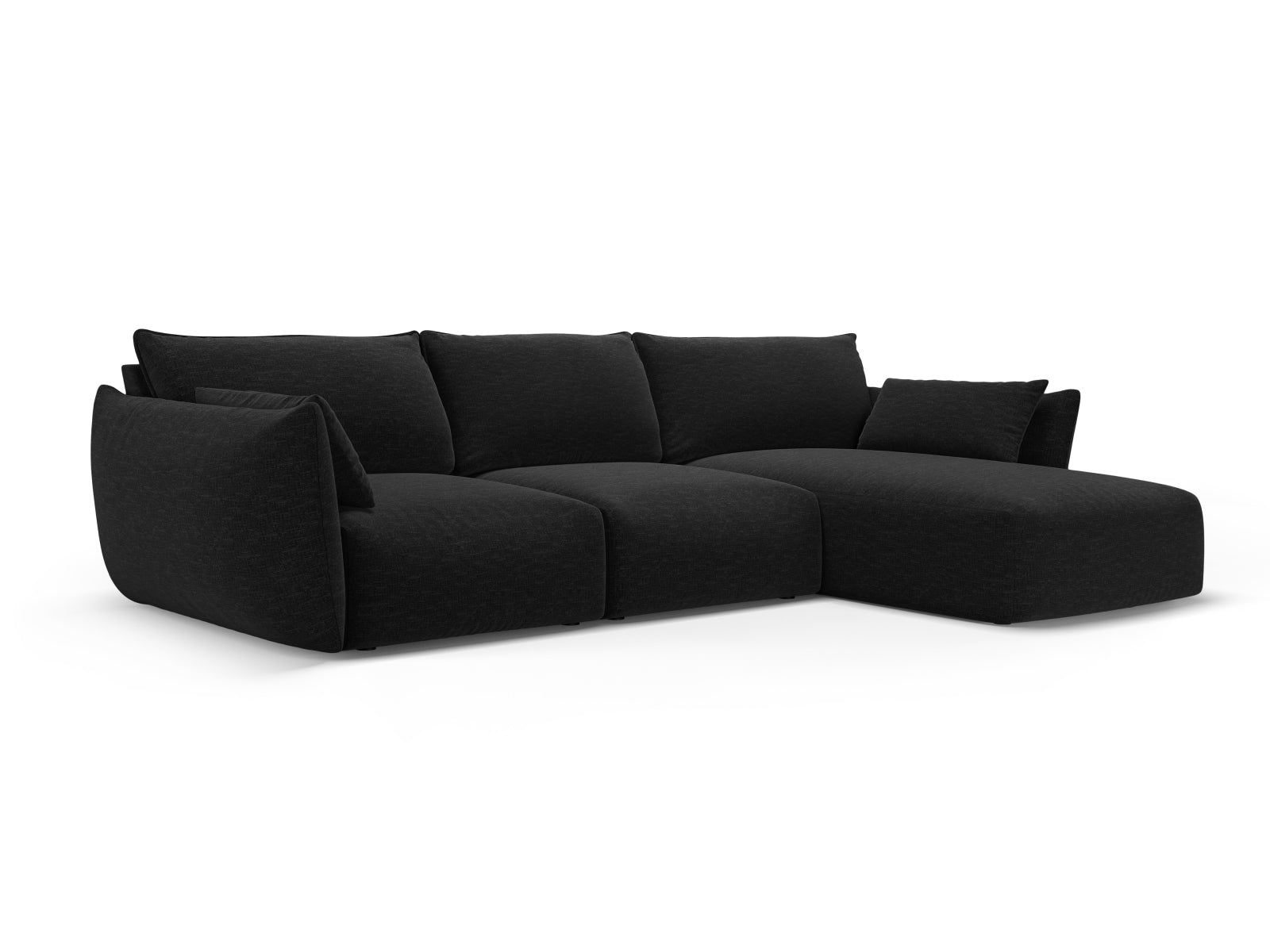 Stylisches 5-Sitzer Ecksofa rechts Matera in klassischem Schwarz, perfekt für stilvolle Wohnzimmer und entspannte Abende, von Cosmopolitan Design.