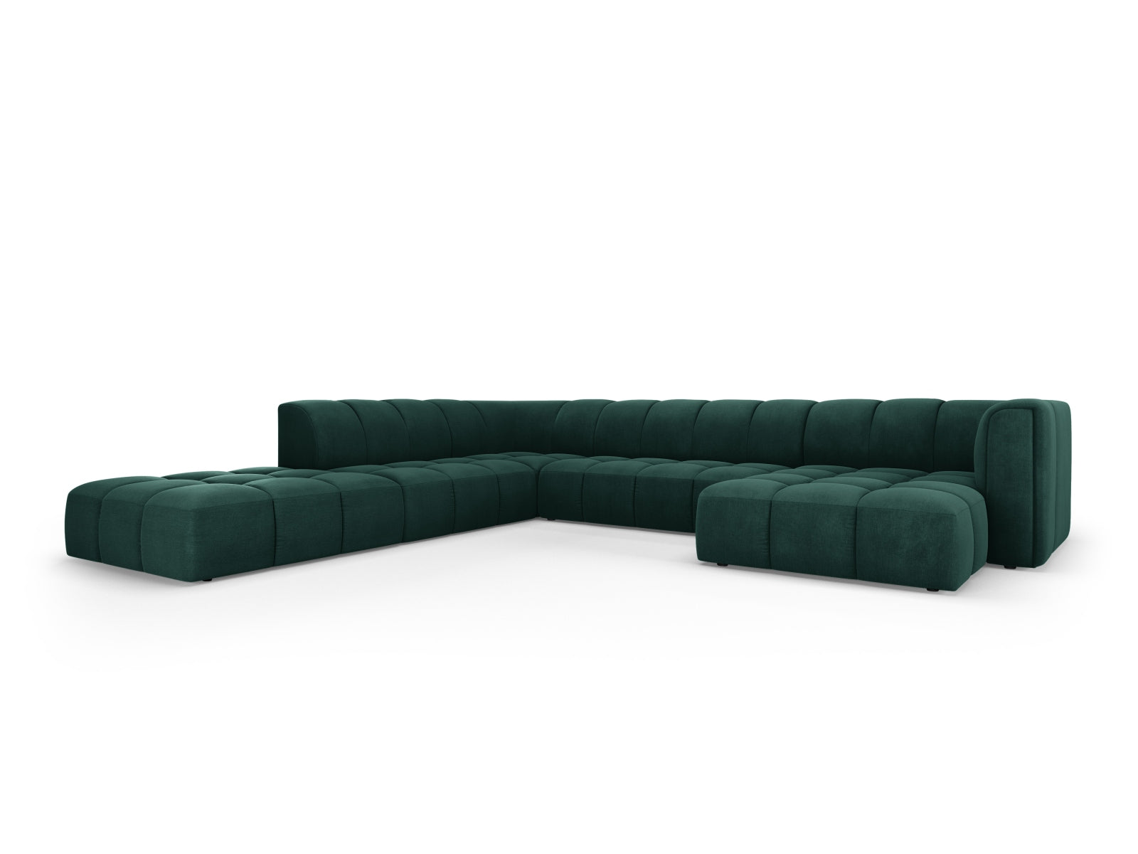 Elegantes 7-Sitzer Ecksofa Moritz in Flaschengrün, ideal für moderne Wohnräume, präsentiert sich als stilvolles Highlight.