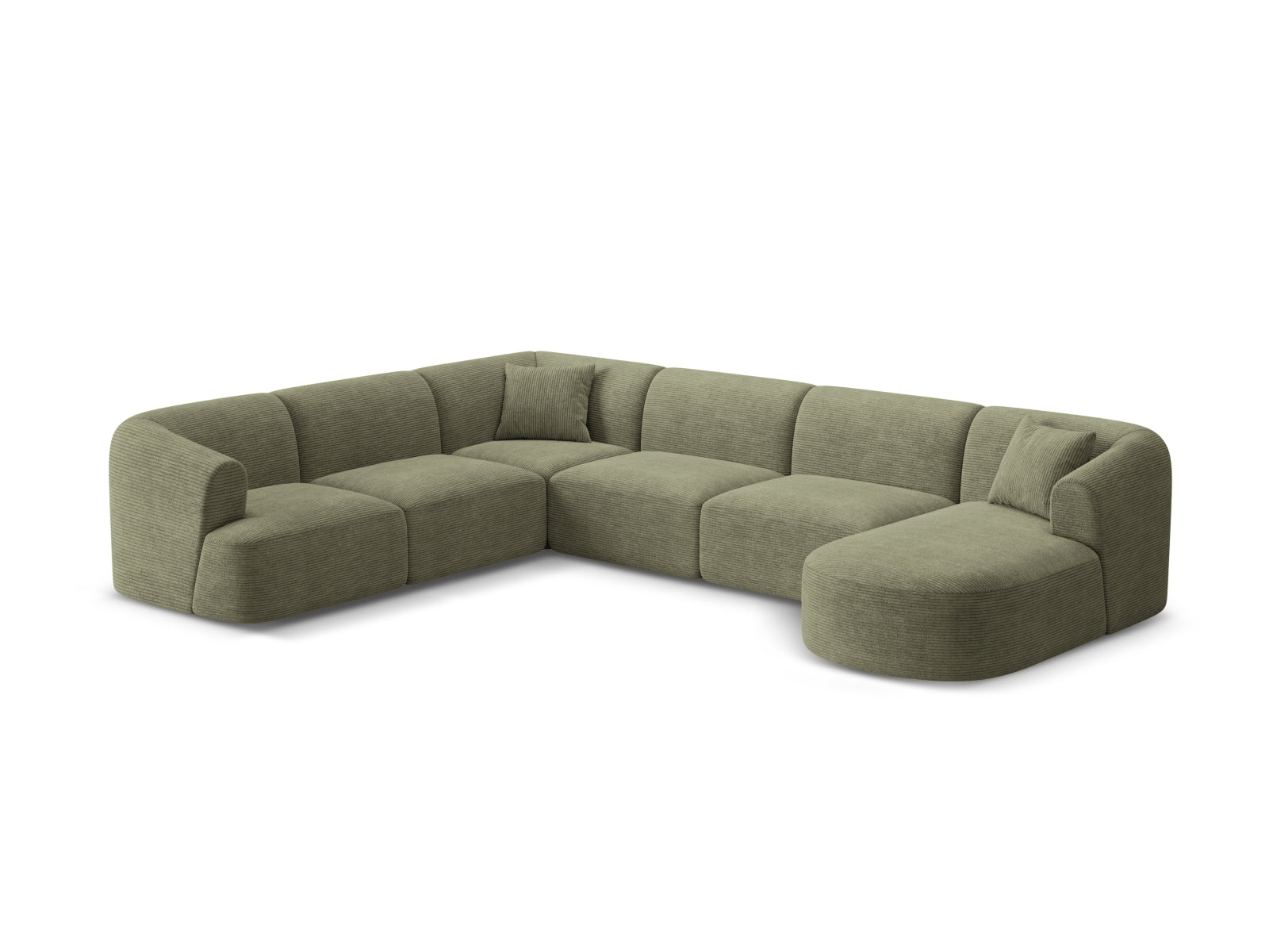 Stilvolles 7-Sitzer Ecksofa Panoramic links in Moss Green-Lincoln D, ideal für moderne Wohnräume, präsentiert von Cosmopolitan Design.