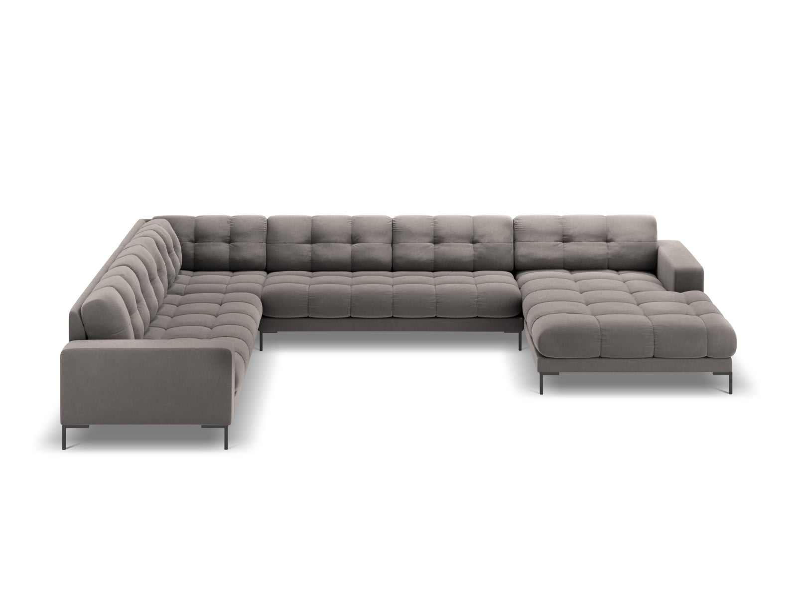 Modernes 7-Sitzer Ecksofa links Bali in sanftem Light Grey-Bluvel, ideal für gemütliche und stilvolle Wohnräume von Cosmopolitan Design.