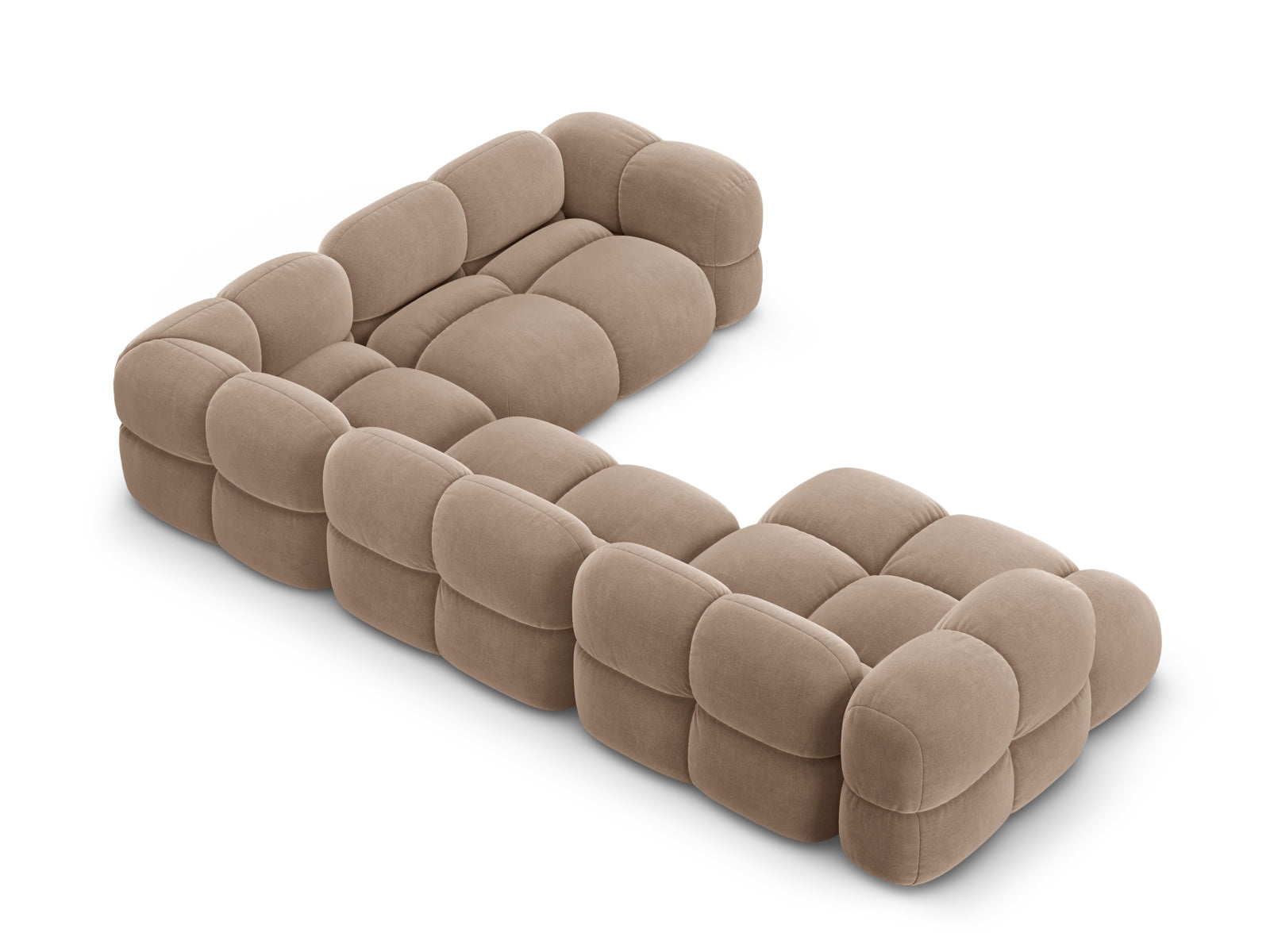 Elegantes Loretto Velour Panoramic Ecksofa in Dunkelbeige, ideal für großzügige Wohnräume und entspannte Stunden mit Freunden und Familie.