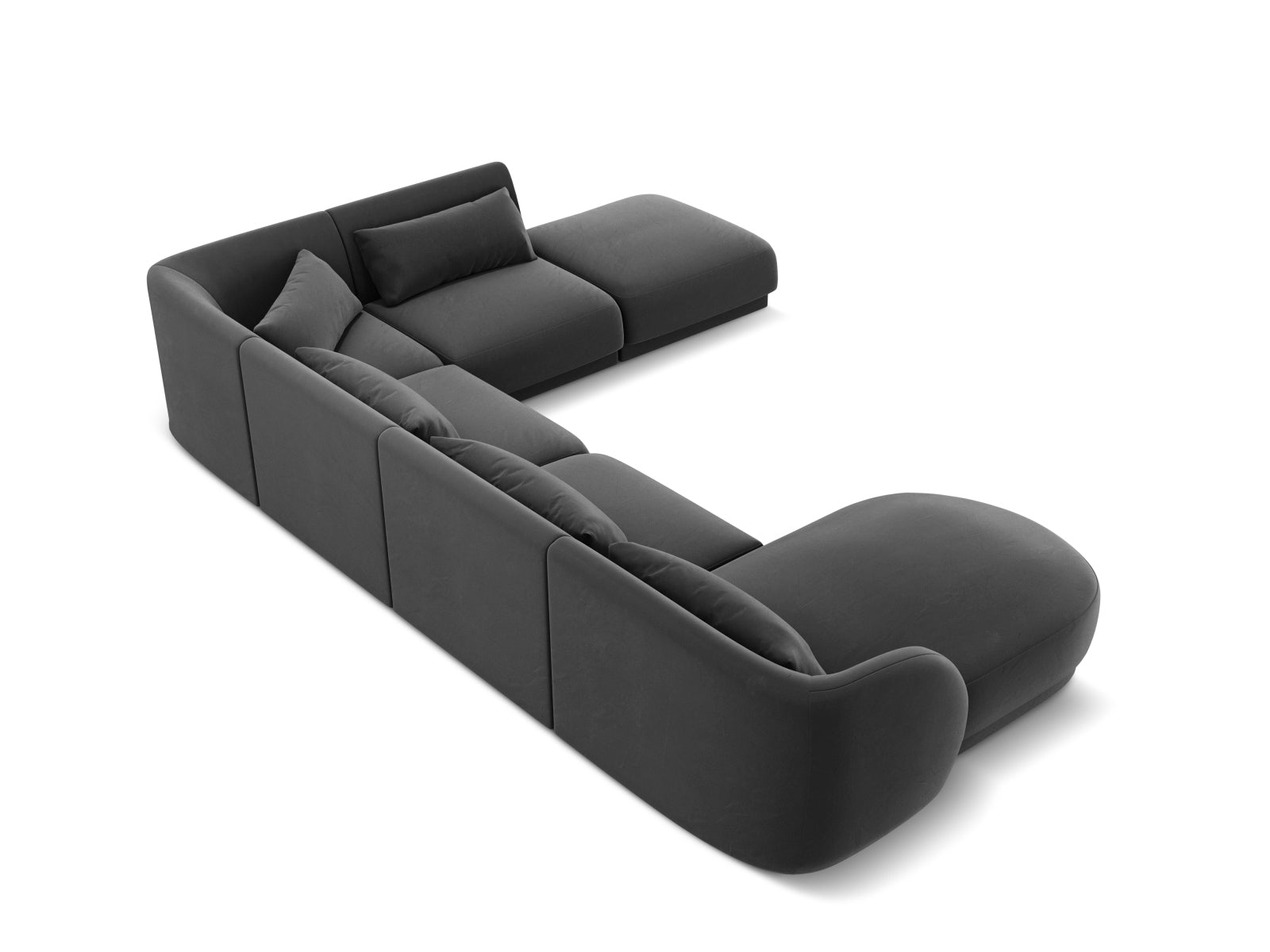 Elegantes Tulum Velour Panoramic Ecksofa in Grau-Blau, rechtsseitig, bietet Platz für 6 Personen und verleiht jedem Raum einen modernen Touch.