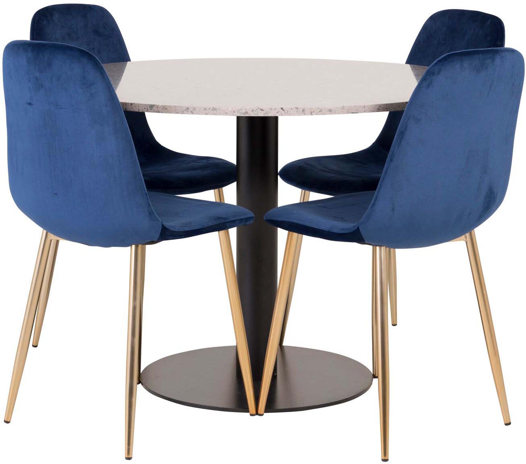 Elegantes Esszimmerset Razzia mit runder Tischplatte und vier passenden Stühlen, ideal für gesellige Mahlzeiten und modernes Wohnen.