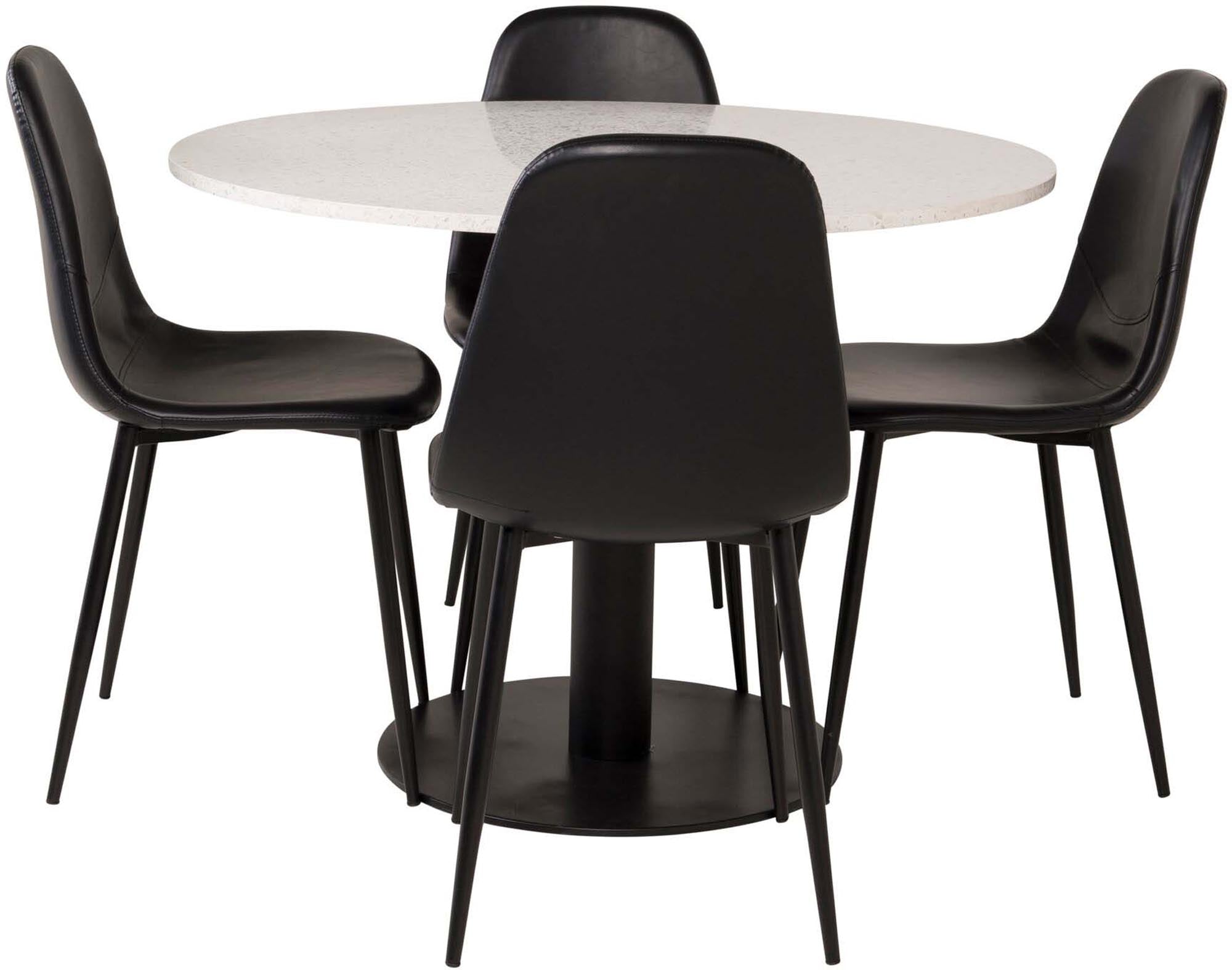 Elegantes Razzia Esszimmerset mit rundem Tisch und vier stilvollen Samtstühlen, ideal für ein modernes und einladendes Esszimmer.