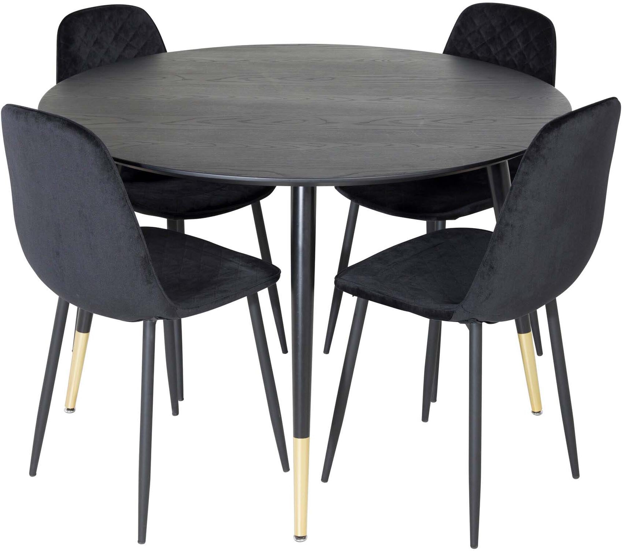 Modernes Esszimmerset Dipp mit runder Tischplatte (⌀115cm) und vier geschmackvollen Stühlen, ideal für gesellige Runden und stilvolle Essbereiche.