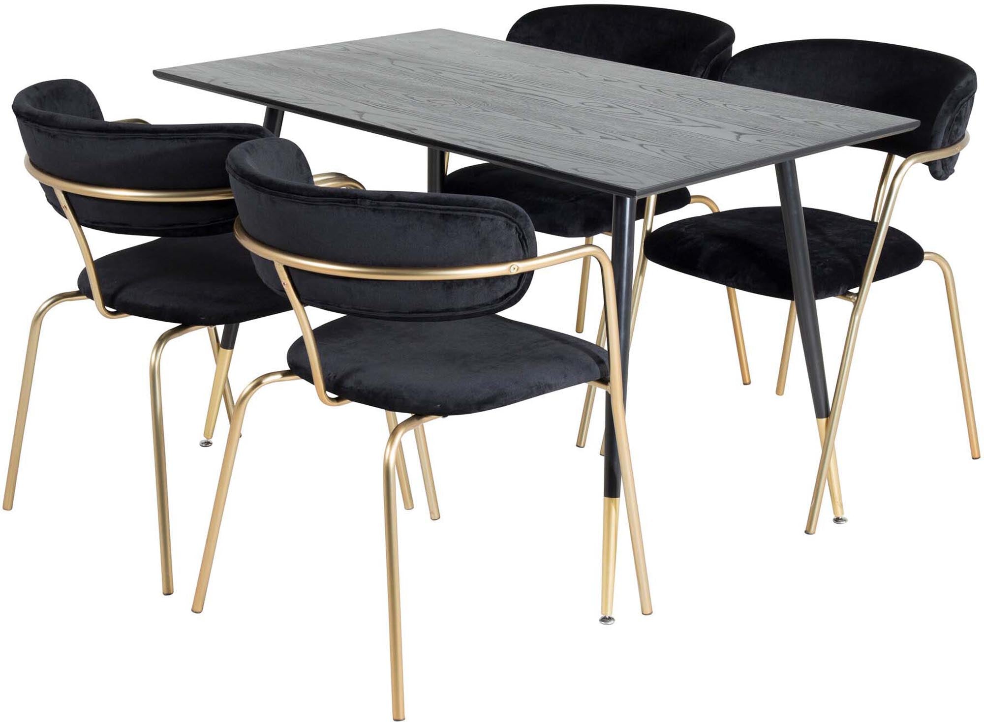 Modernes Esszimmerset bestehend aus einem 120 cm langen Arrow Tisch und vier eleganten Samtstühlen, perfekt für stilvolle Essbereiche.