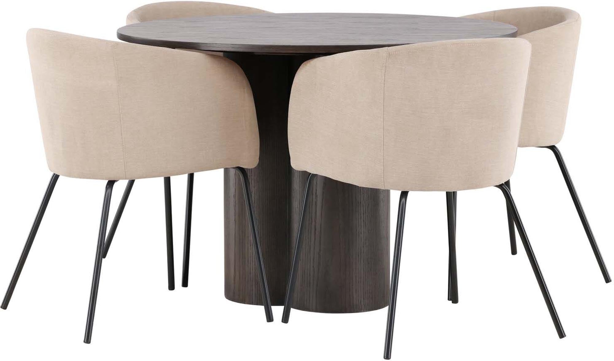 Modernes Esszimmer Set Olivia mit rundem Tisch (⌀110 cm) und 4 stilvollen Berit Stühlen. Perfekt für gemütliche Essenszeiten und ansprechende Wohnräume.