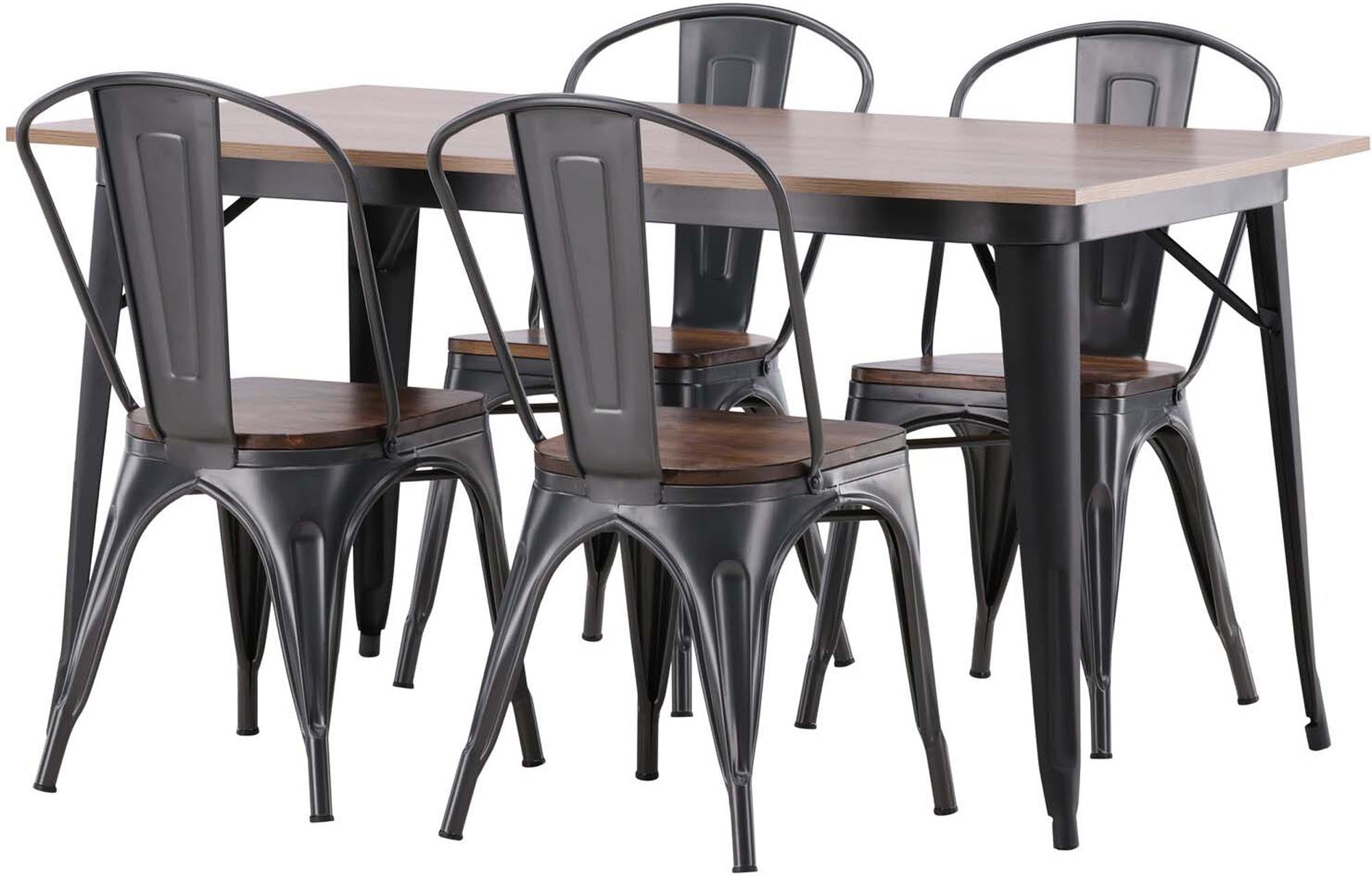 Elegantes Esszimmerset Tempe mit 140 cm Tisch aus schwarzem MDF und 4 bequemen Stühlen, ideal für stilvolle Essbereiche.