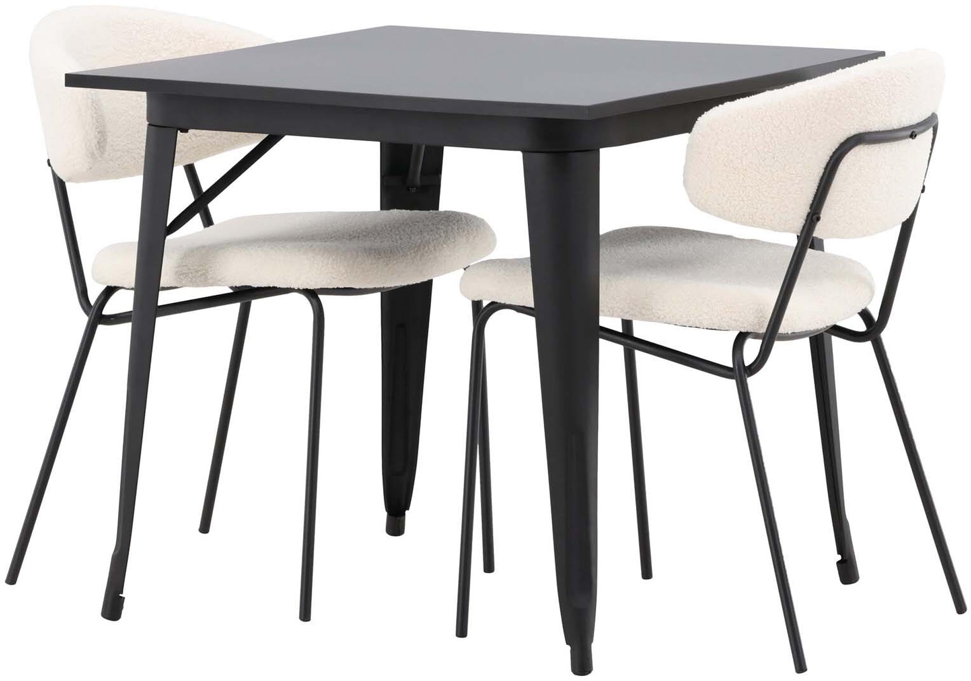Modernes Esszimmerset mit schwarzem Tisch aus MDF und zwei stilvollen Bouclé-Stühlen, perfekt für kompakte Essbereiche.