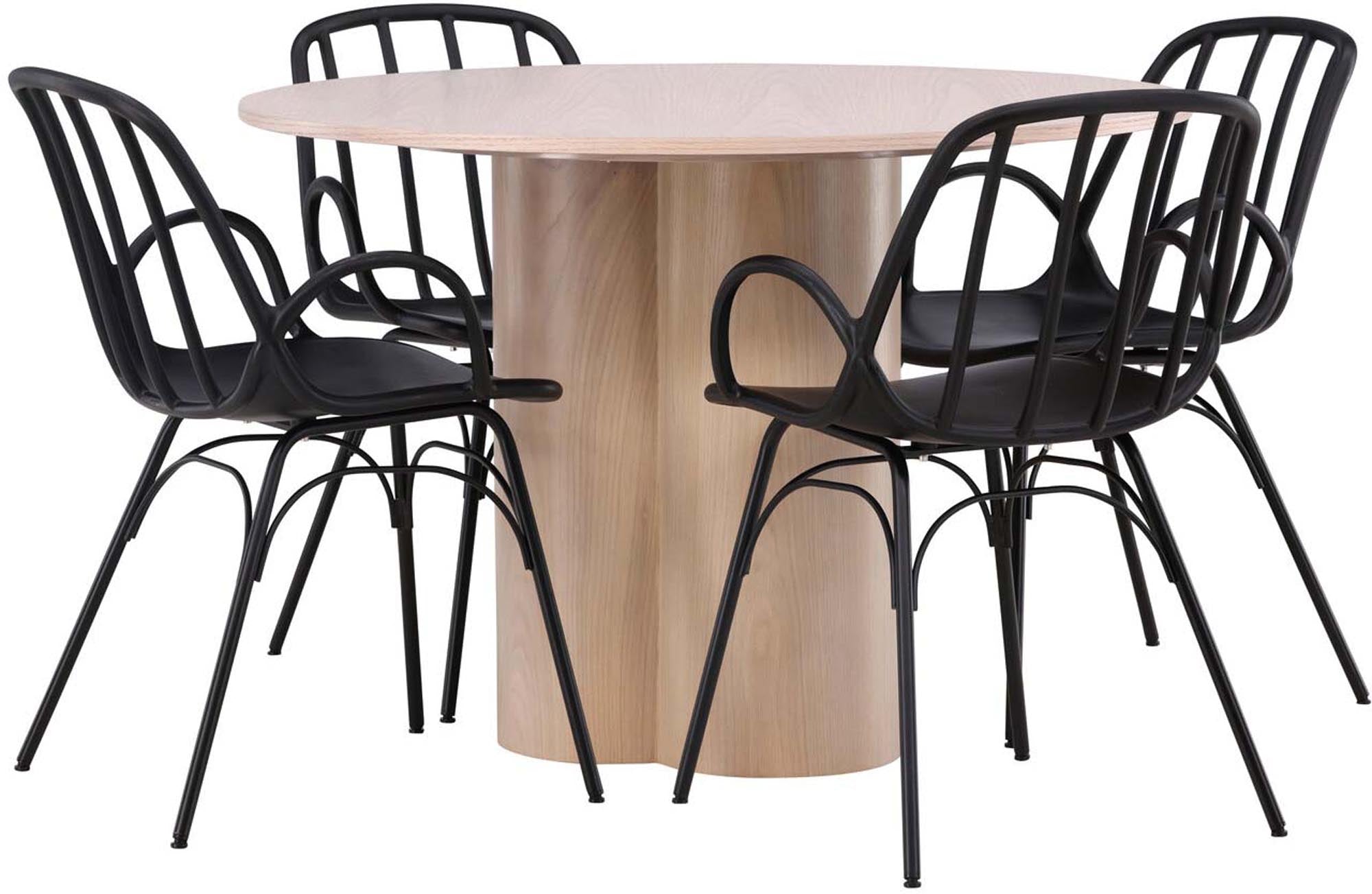 Elegantes Esszimmerset bestehend aus einem runden Dyrön Tisch (110 cm) und vier stilvollen Stühlen, ideal für zeitgemäße Essbereiche.