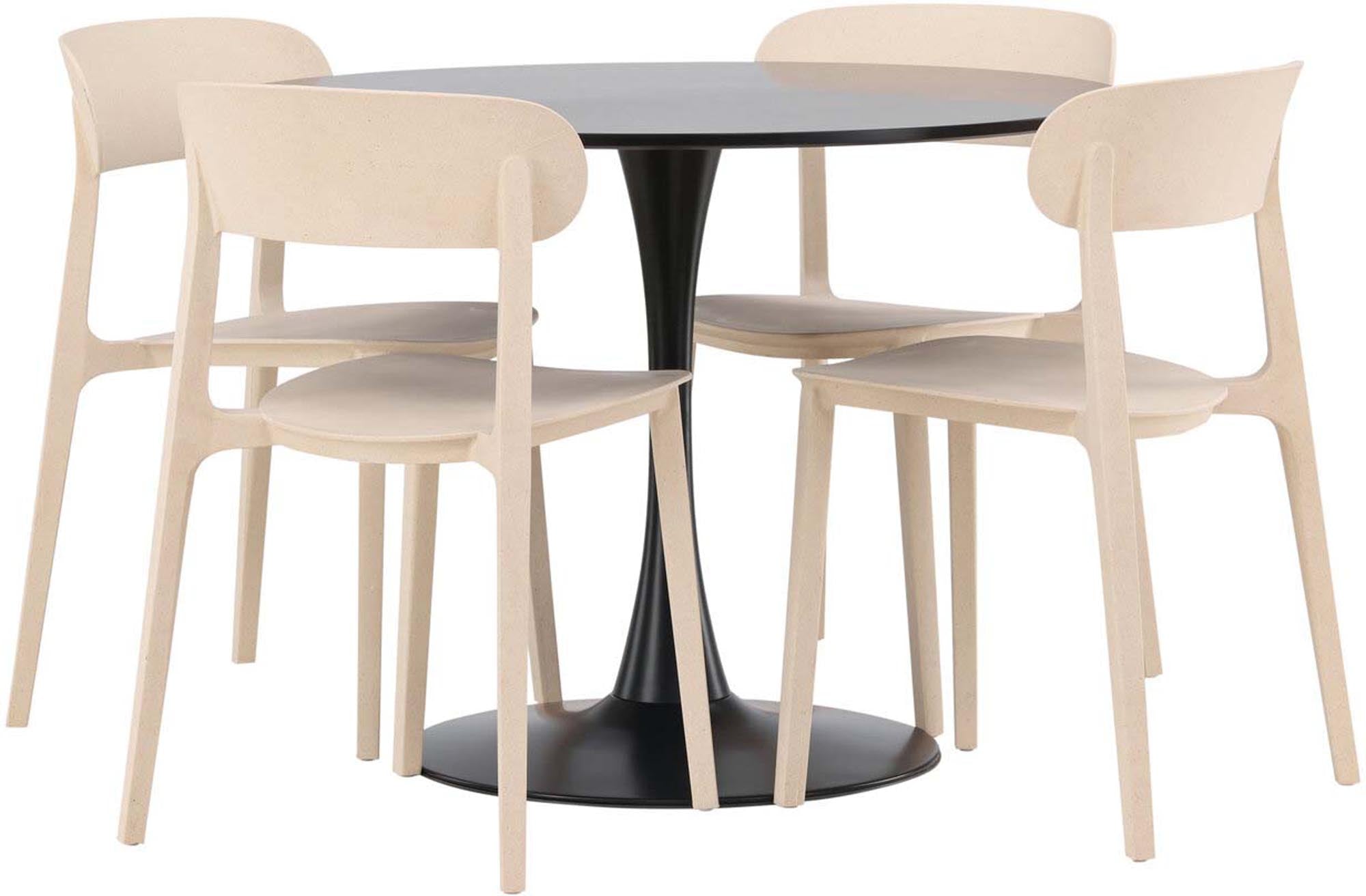 Modernes Esszimmerset Glade mit runden Tisch (⌀100cm) aus MDF und 4 stilvollen Åstol-Stühlen im skandinavischen Stil für ein einladendes Ambiente.